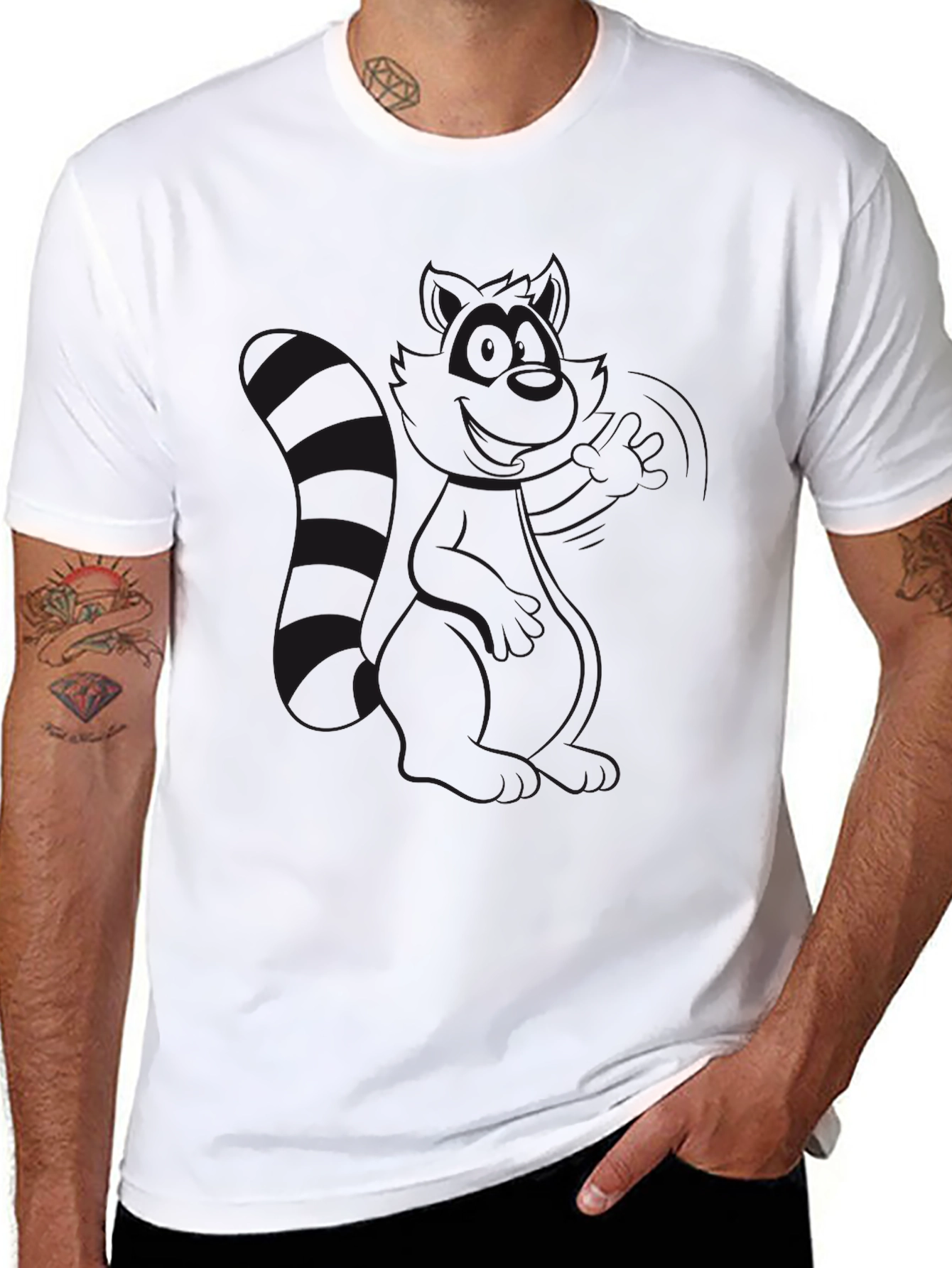 Black Crew Neck T-Shirt - Raccoon Design