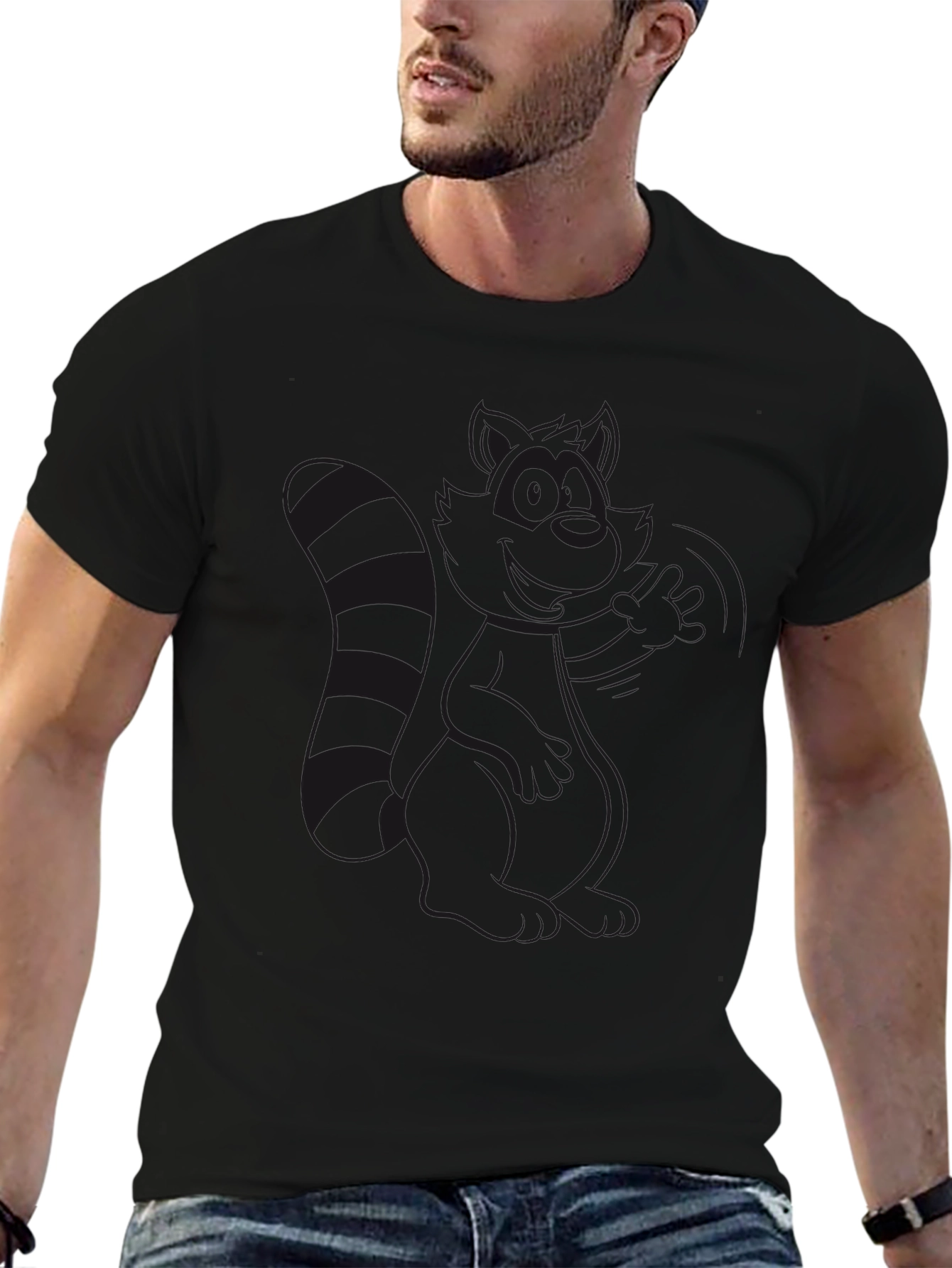 Black Crew Neck T-Shirt - Raccoon Design