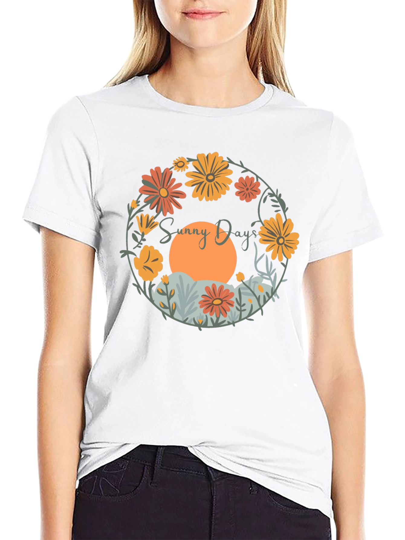 Sunny Days Floral Graphic Tee - Round Neck Comfort Fit
