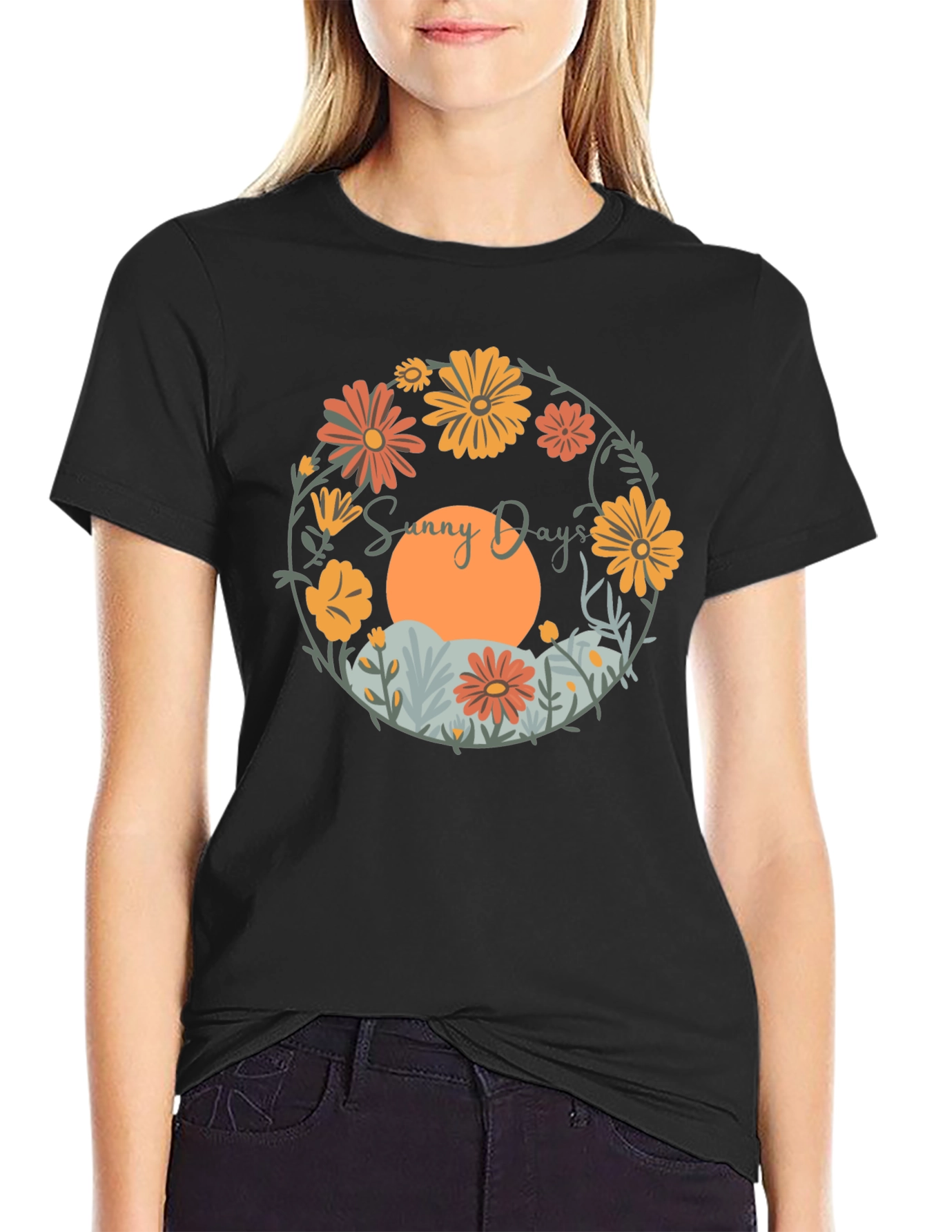 Sunny Days Floral Graphic Tee - Round Neck Comfort Fit