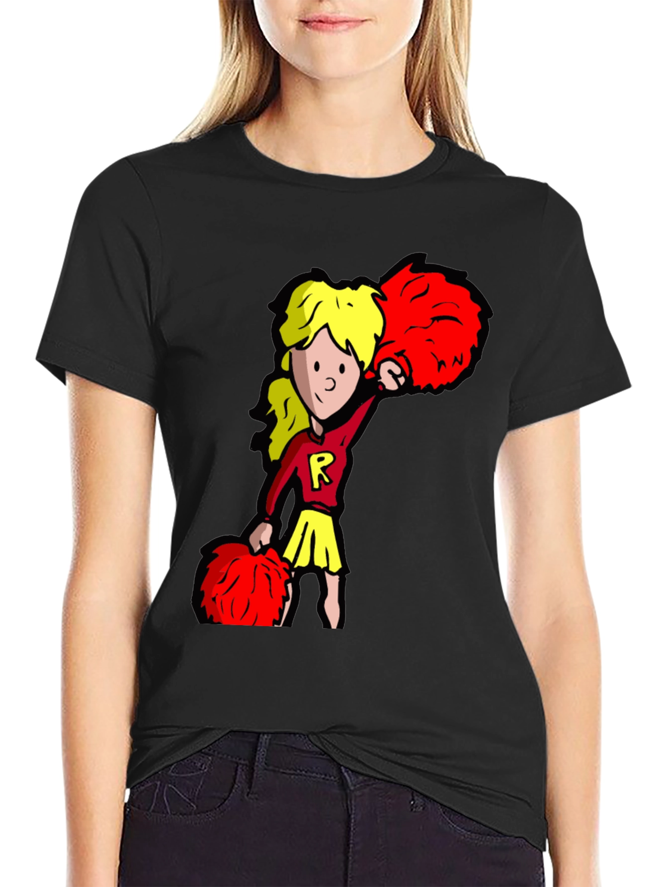 Cheerleader Graphic Tee - Black Cotton T-Shirt
