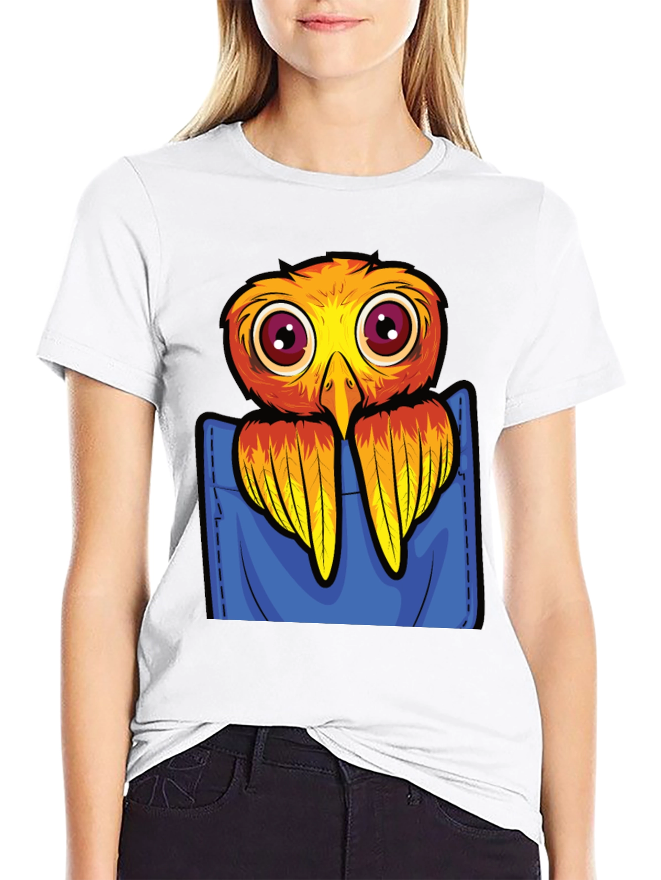 Cartoon Bird in Pocket Black T-Shirt