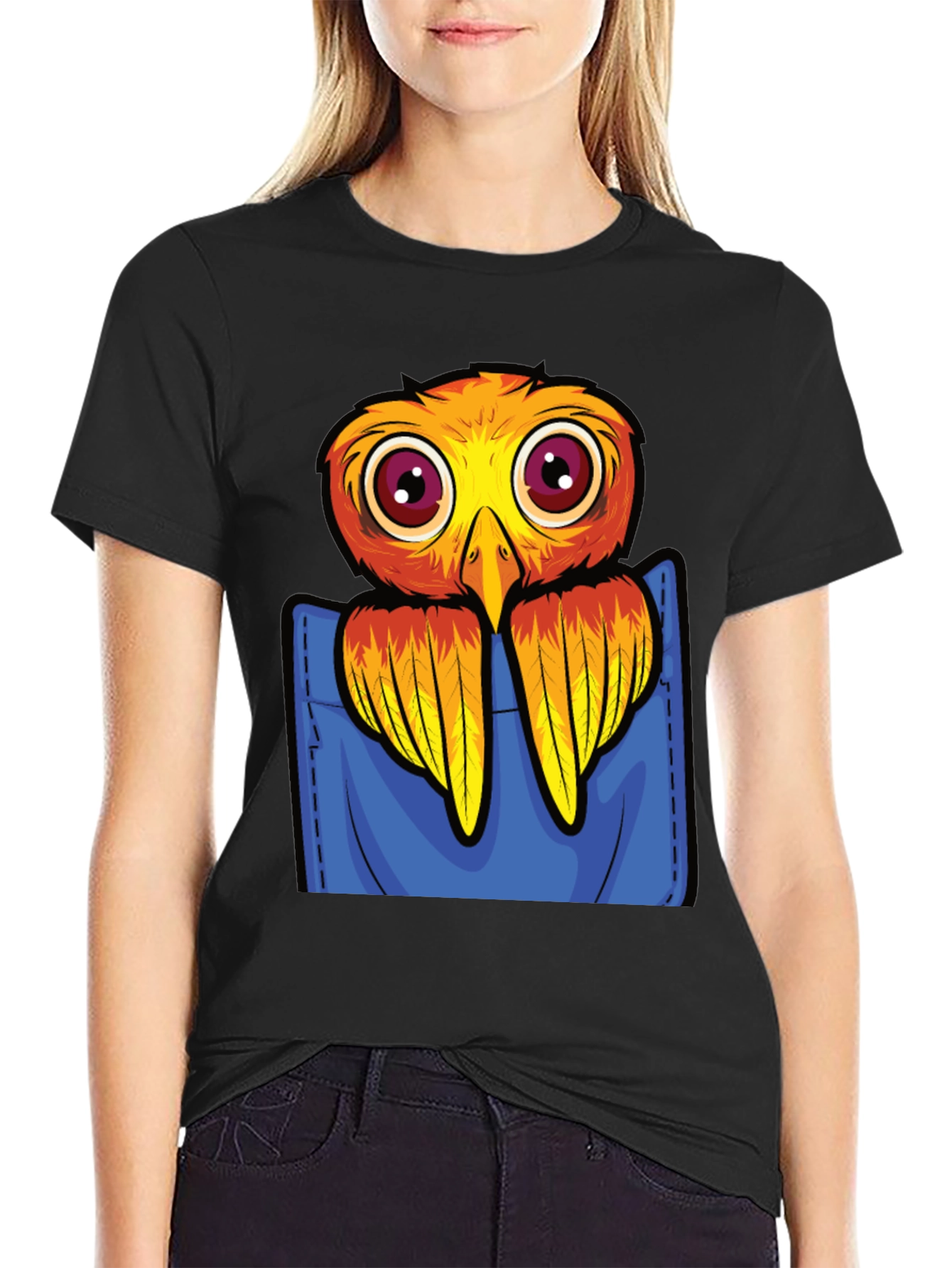 Cartoon Bird in Pocket Black T-Shirt