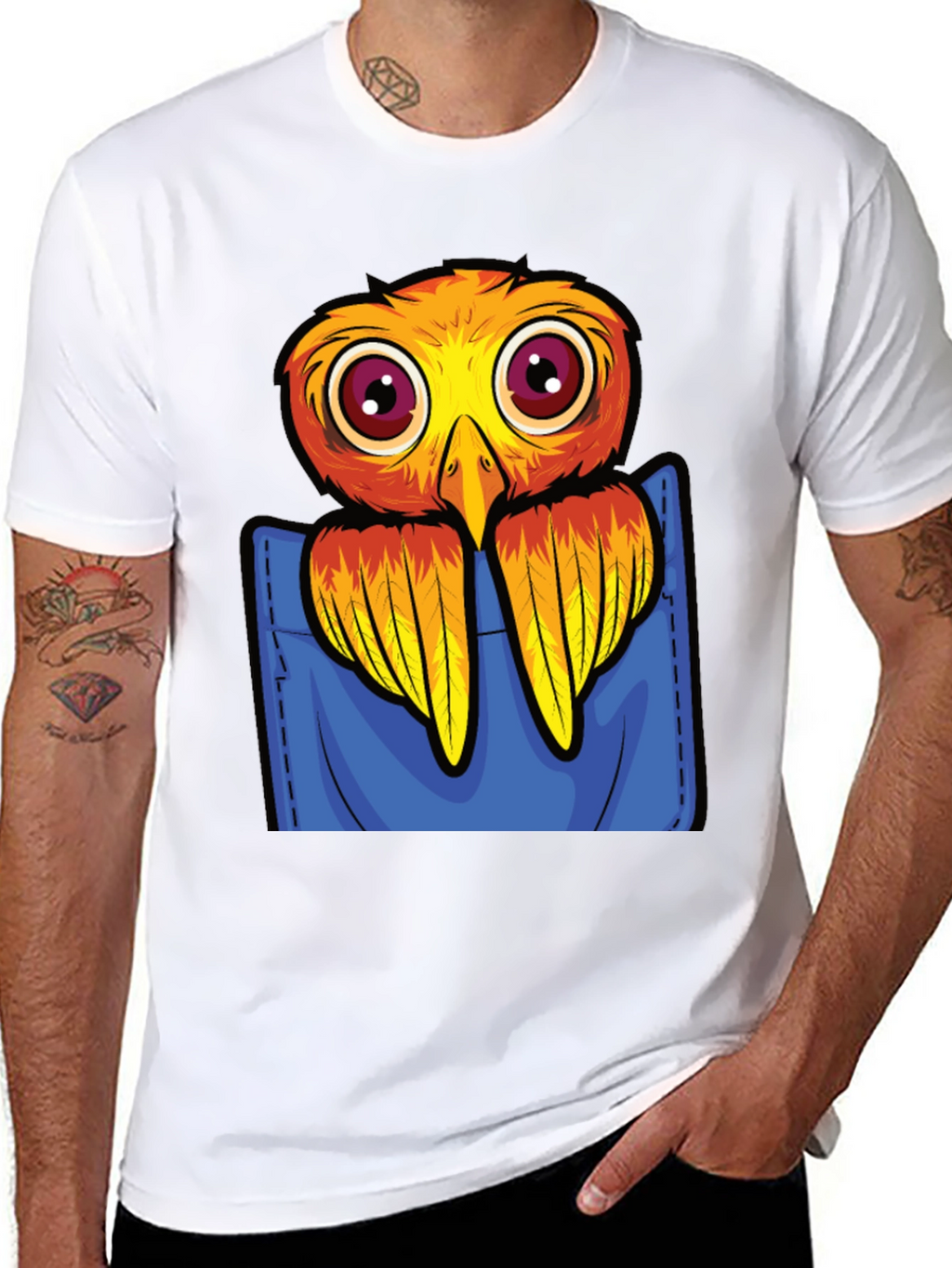 Cartoon Bird in Pocket Black T-Shirt