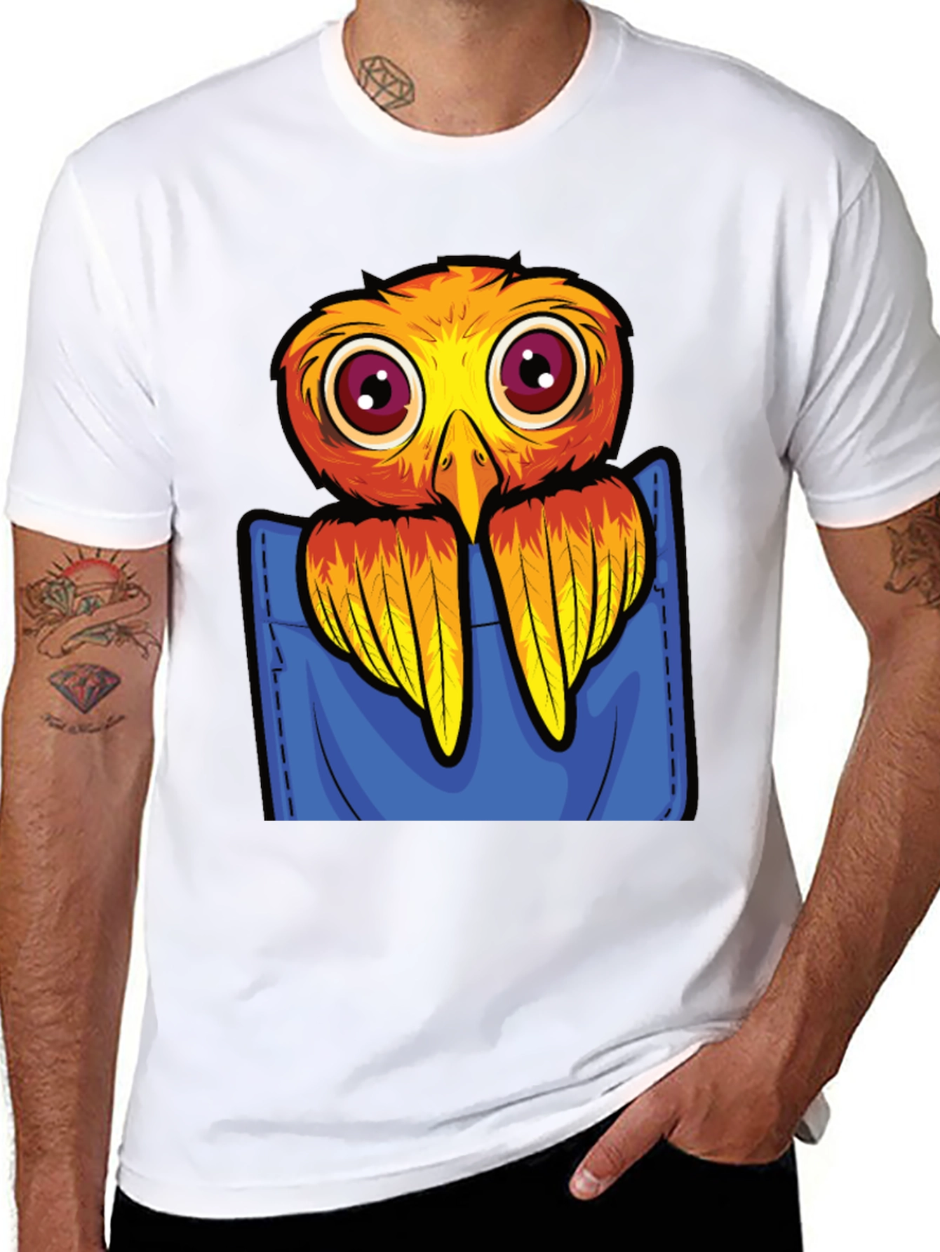 Cartoon Bird in Pocket Black T-Shirt
