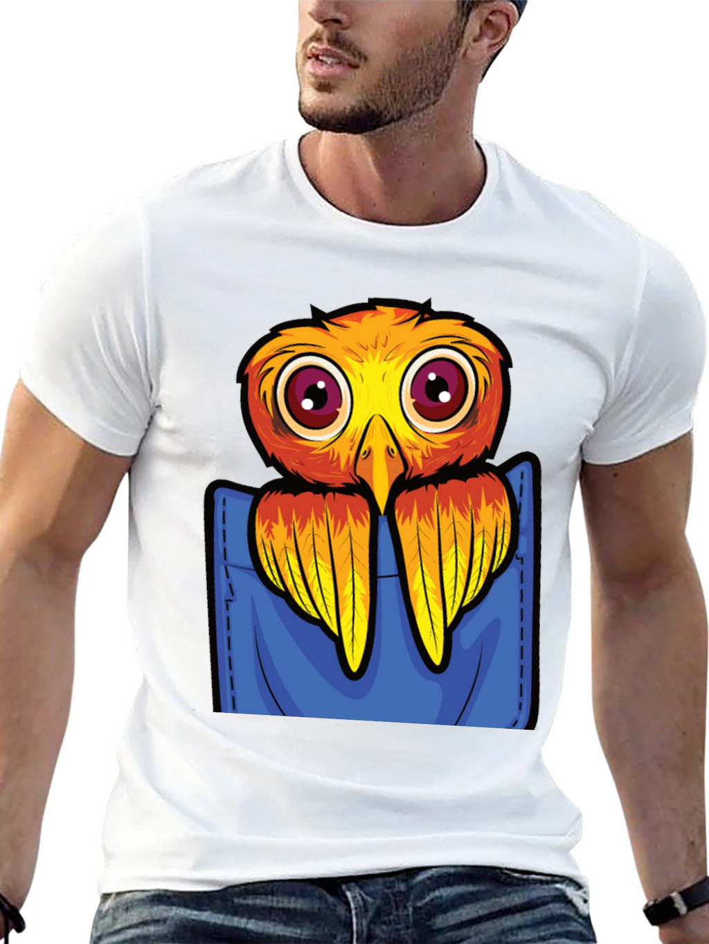 Cartoon Bird in Pocket Black T-Shirt