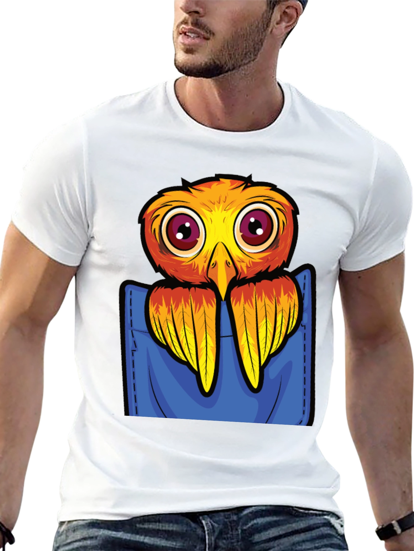 Cartoon Bird in Pocket Black T-Shirt