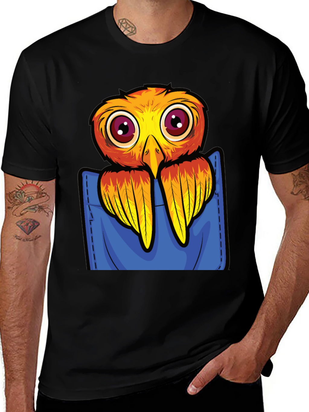 Cartoon Bird in Pocket Black T-Shirt