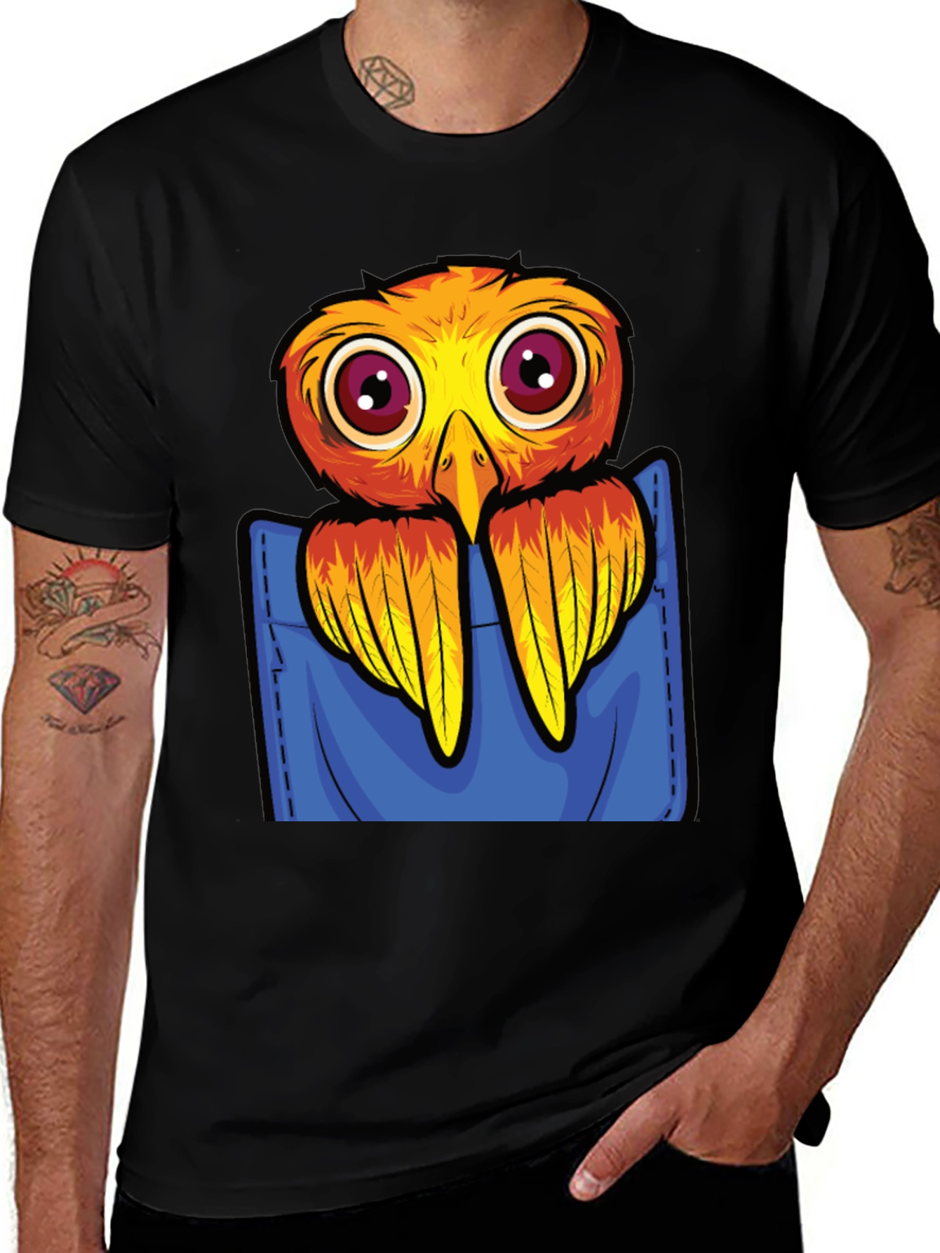 Cartoon Bird in Pocket Black T-Shirt