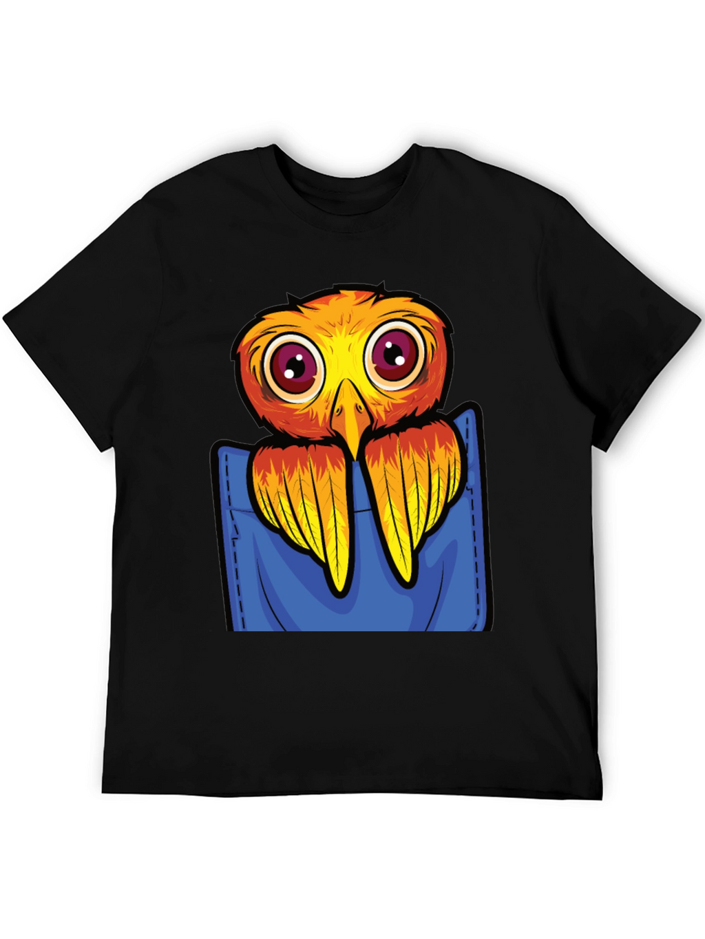 Cartoon Bird in Pocket Black T-Shirt
