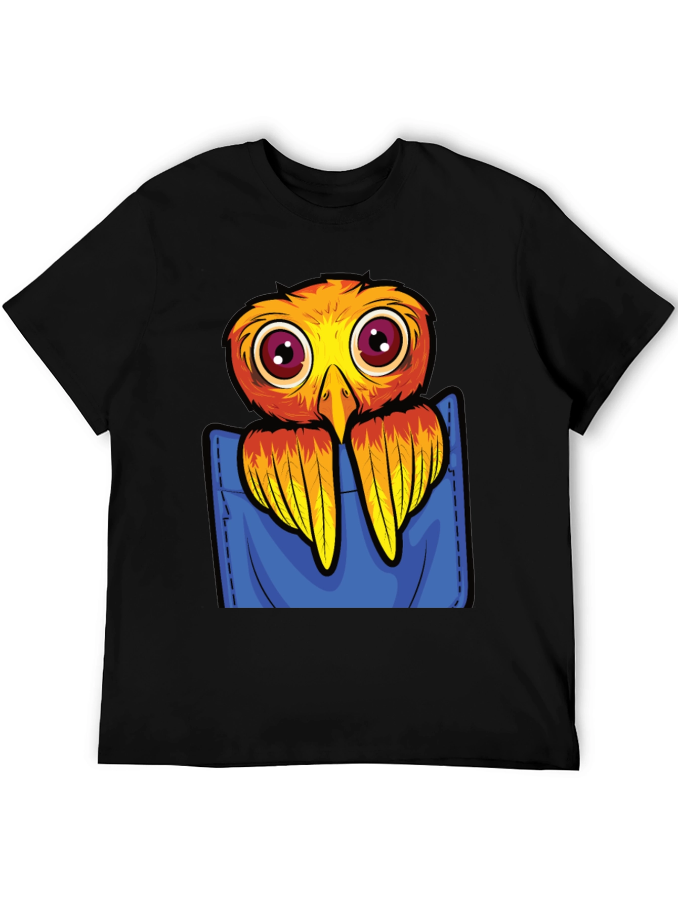 Cartoon Bird in Pocket Black T-Shirt