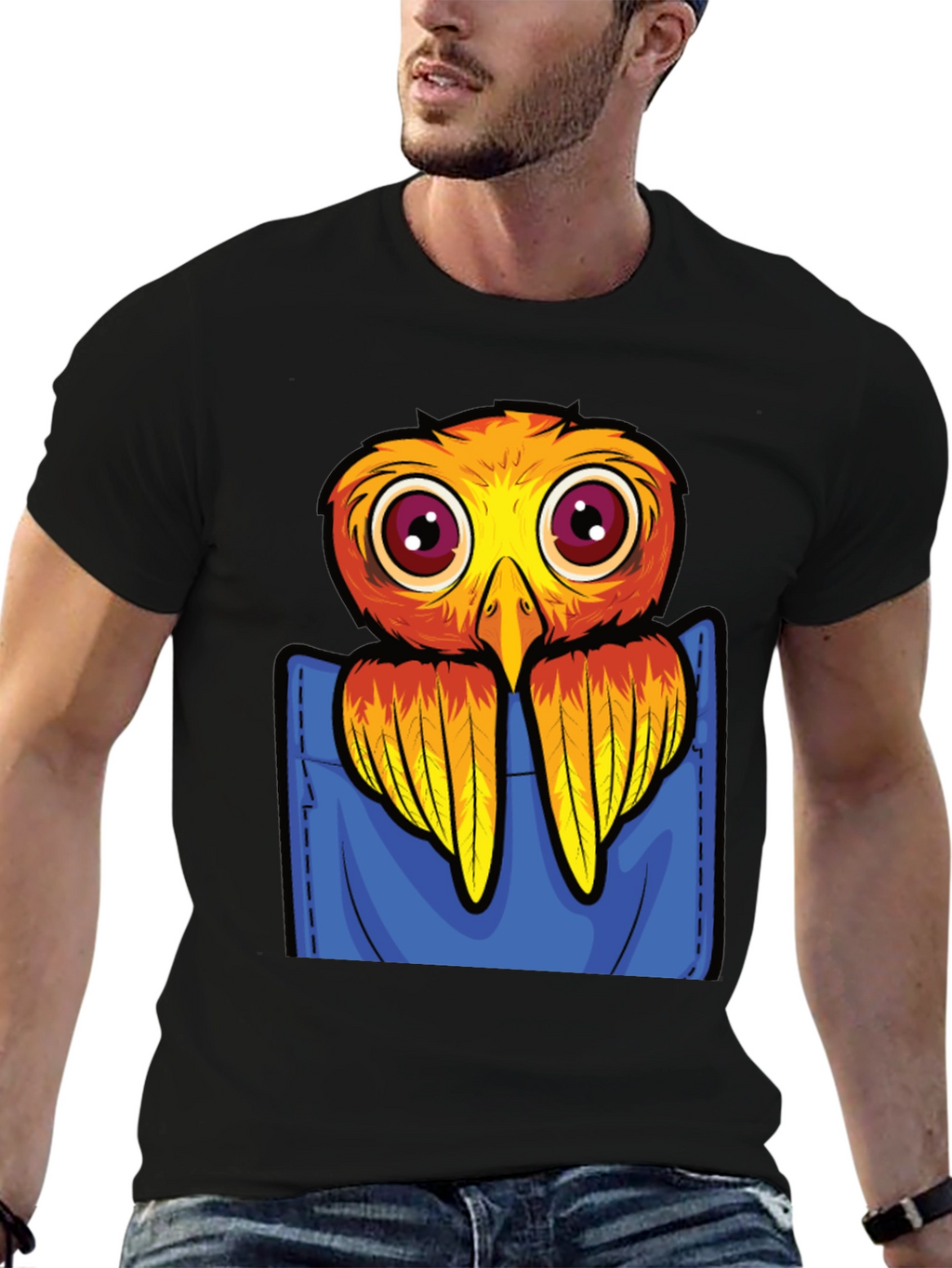 Cartoon Bird in Pocket Black T-Shirt