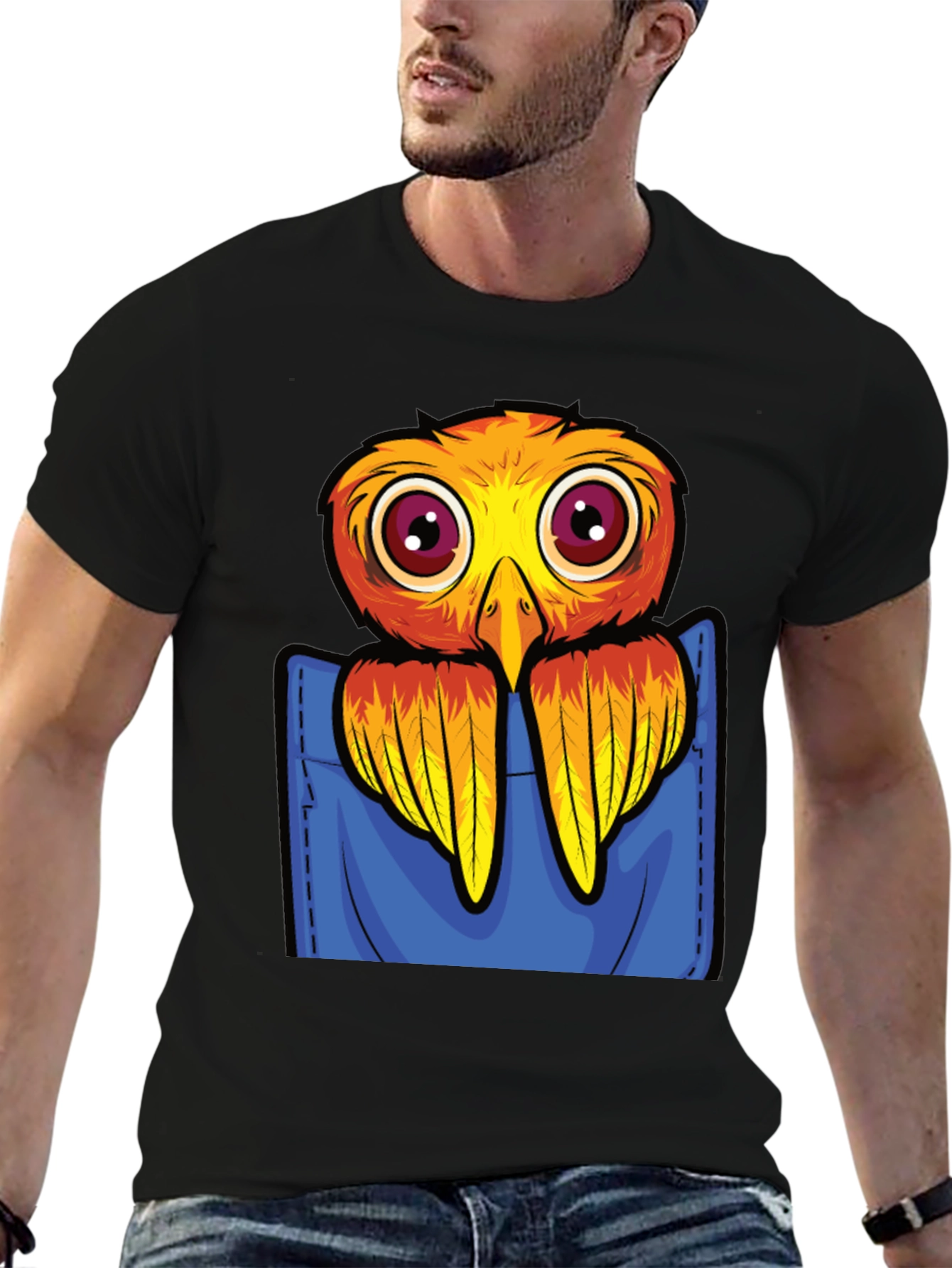 Cartoon Bird in Pocket Black T-Shirt