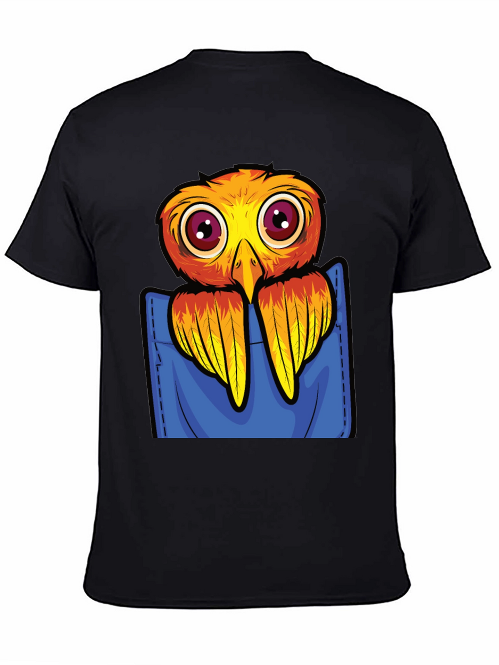 Cartoon Bird in Pocket Black T-Shirt