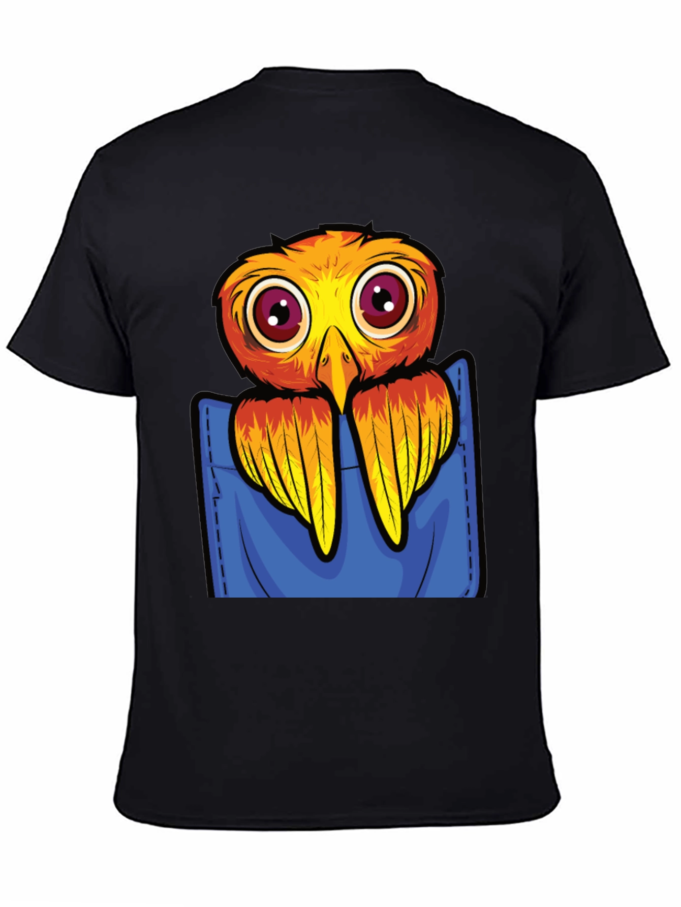 Cartoon Bird in Pocket Black T-Shirt