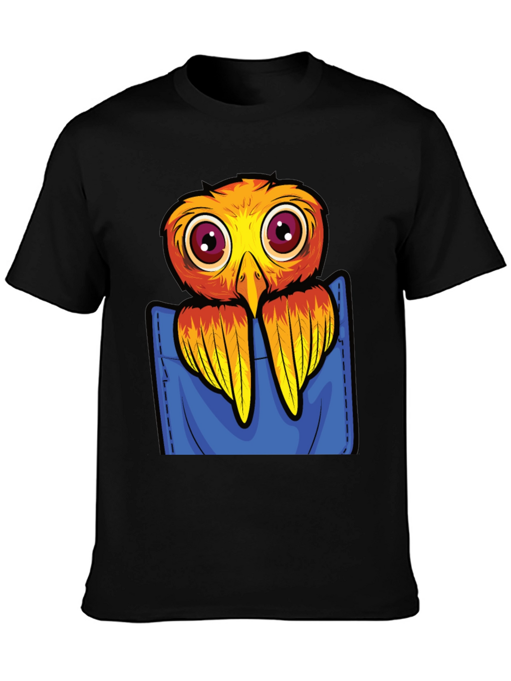 Cartoon Bird in Pocket Black T-Shirt