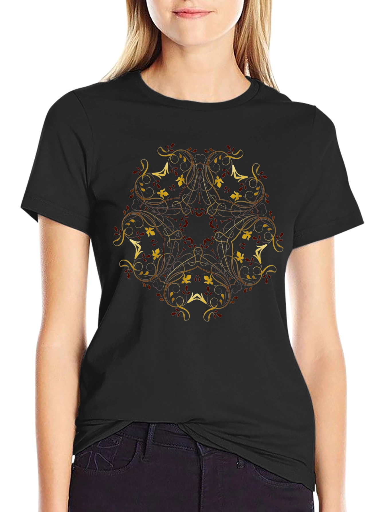 Elegant Floral Print Black T-Shirt