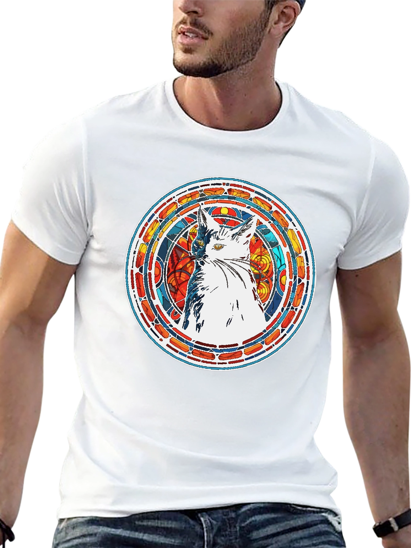 Stained Glass Cat Graphic Tee - Artistic Design