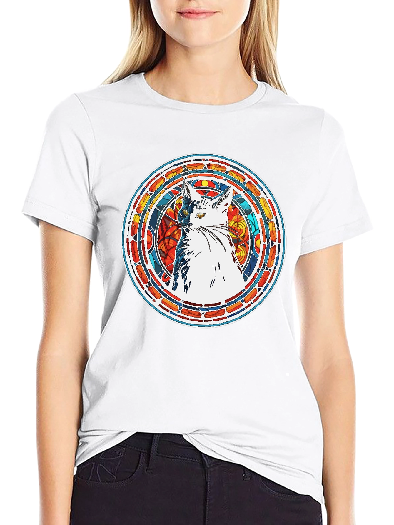 Stained Glass Cat Graphic Tee - Artistic Design