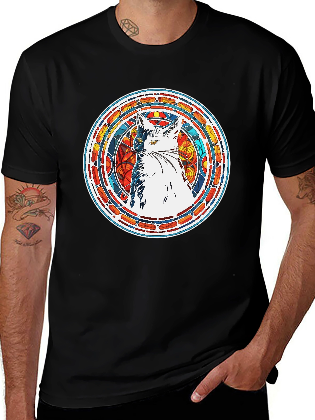 Stained Glass Cat Graphic Tee - Artistic Design