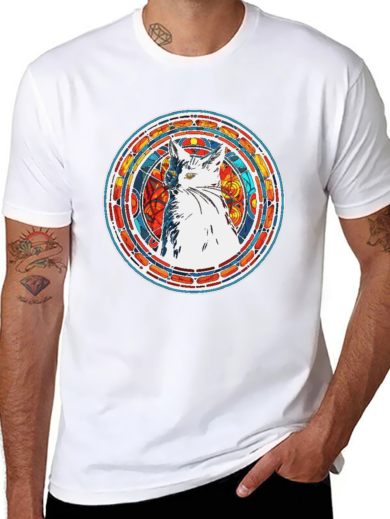 Stained Glass Cat Graphic Tee - Artistic Design
