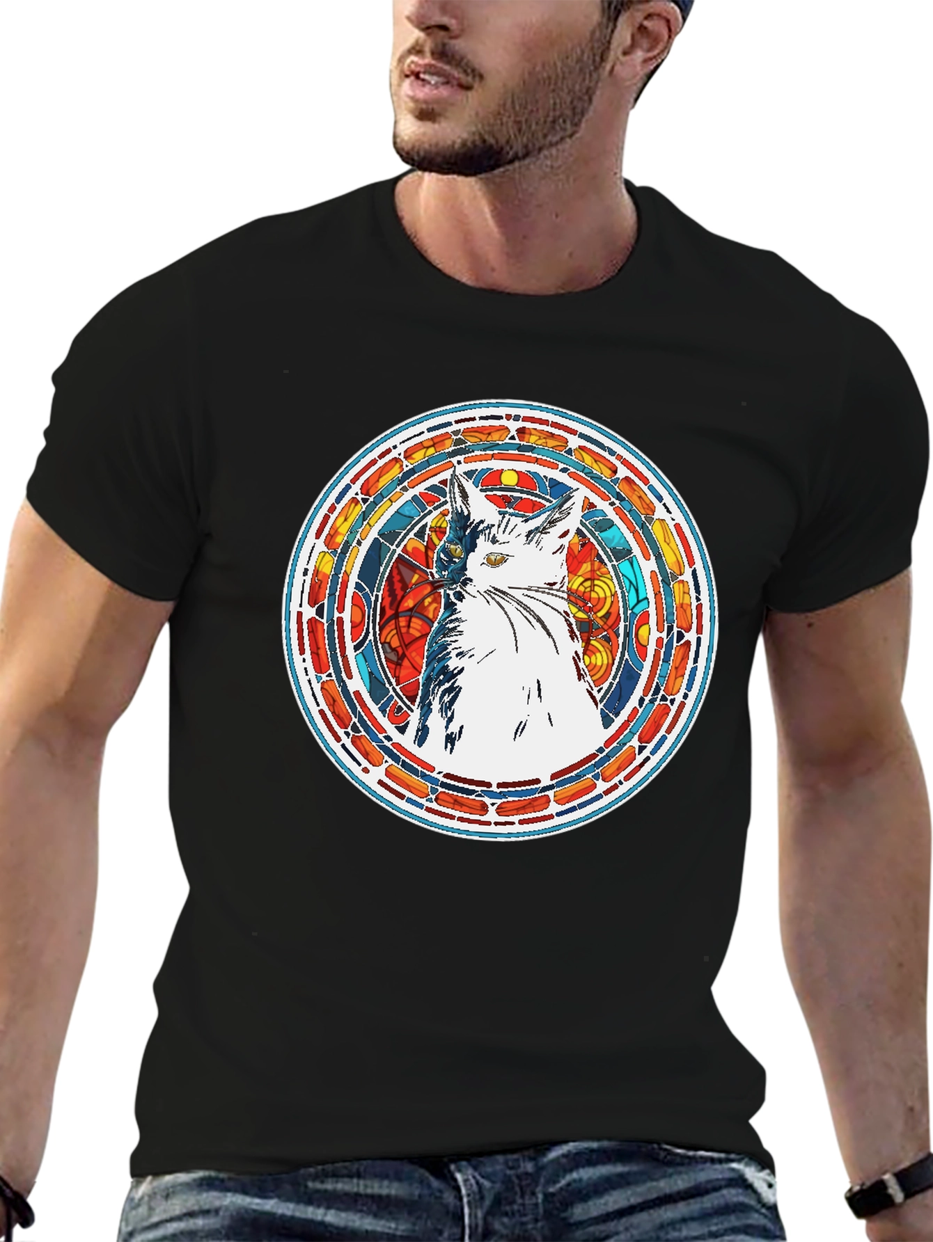 Stained Glass Cat Graphic Tee - Artistic Design