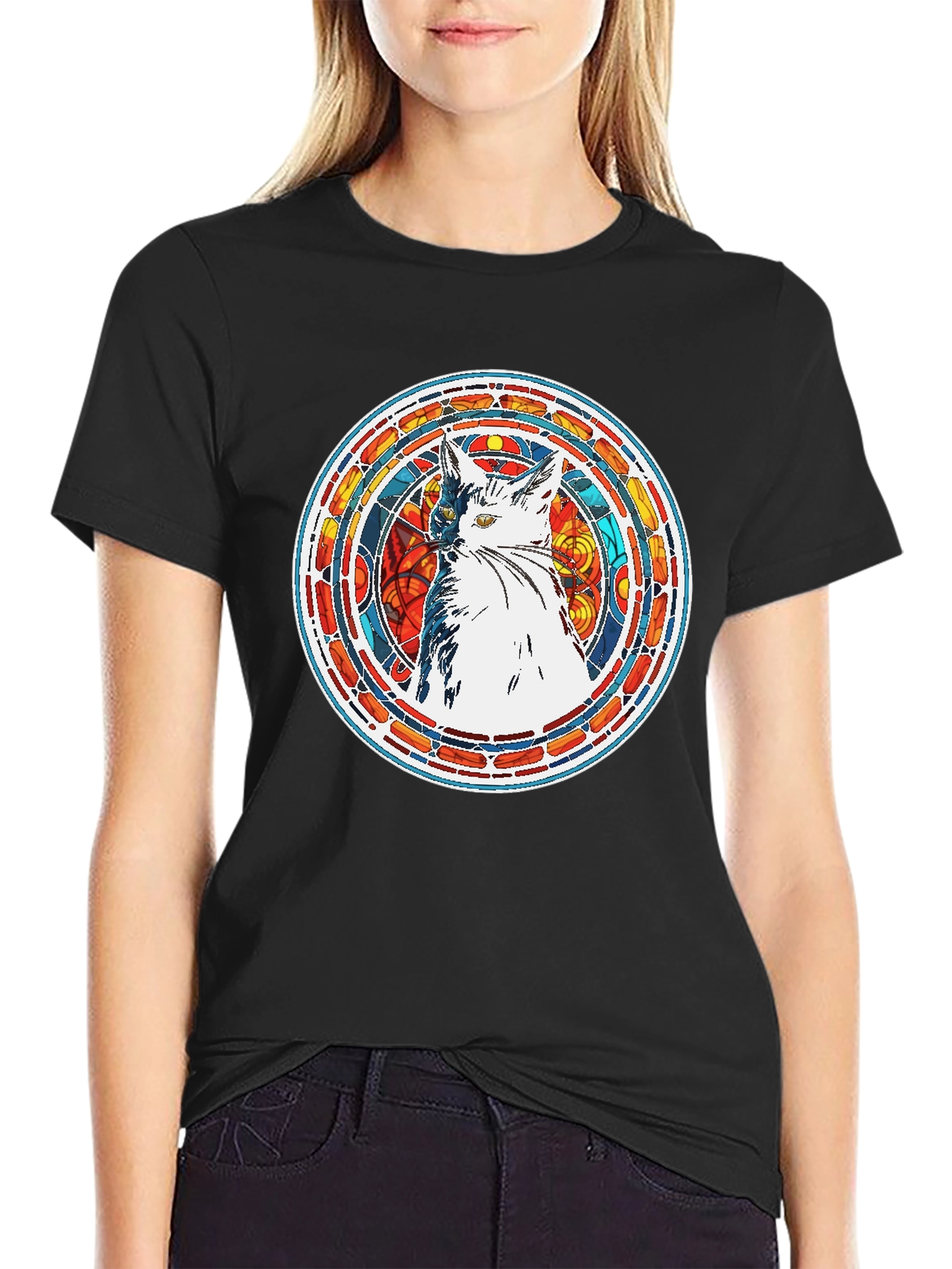 Stained Glass Cat Graphic Tee - Artistic Design