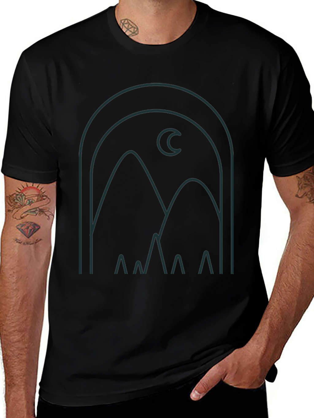 Modern Graphic Tee: Mountain and Moon Design
