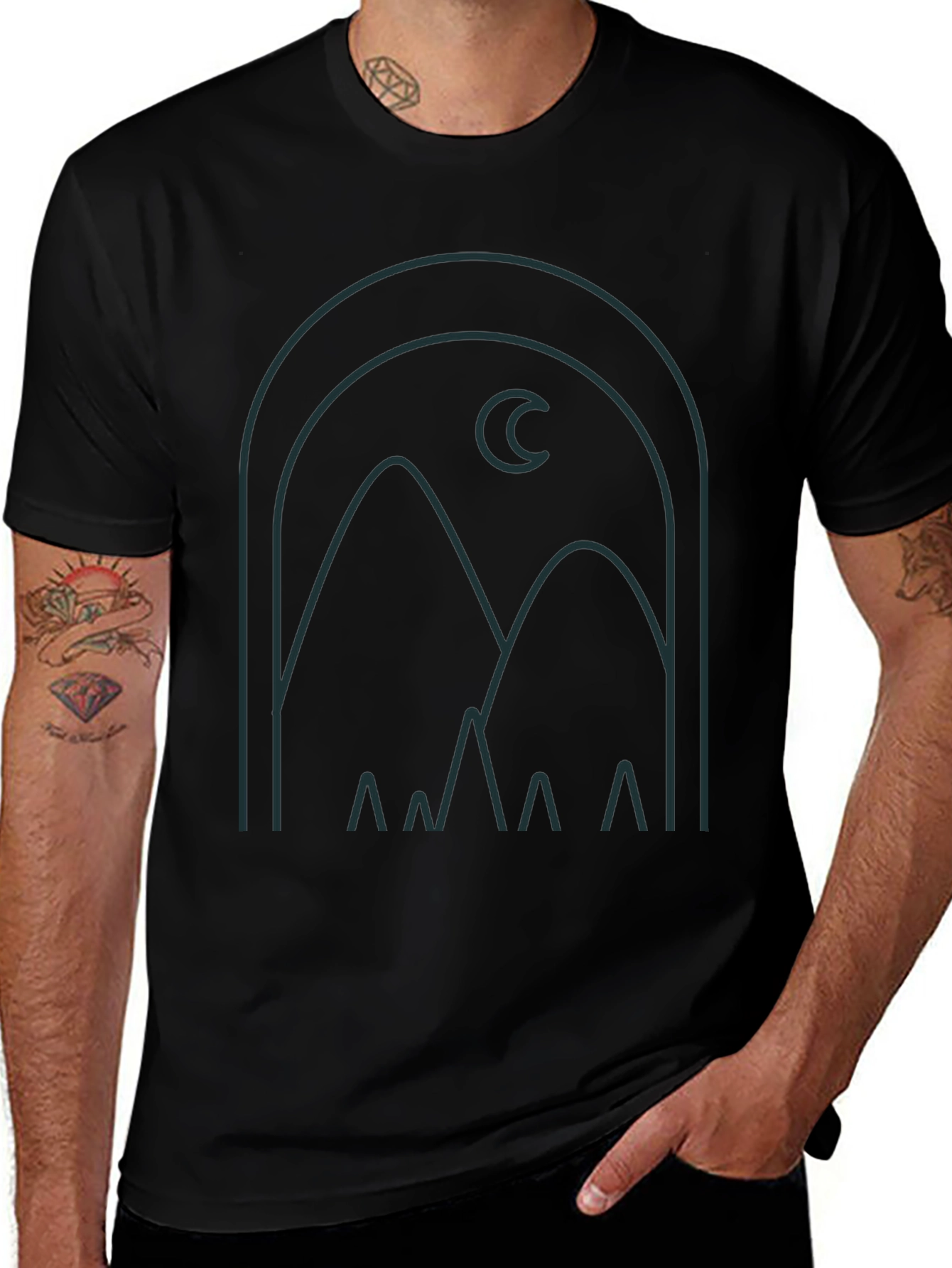 Modern Graphic Tee: Mountain and Moon Design