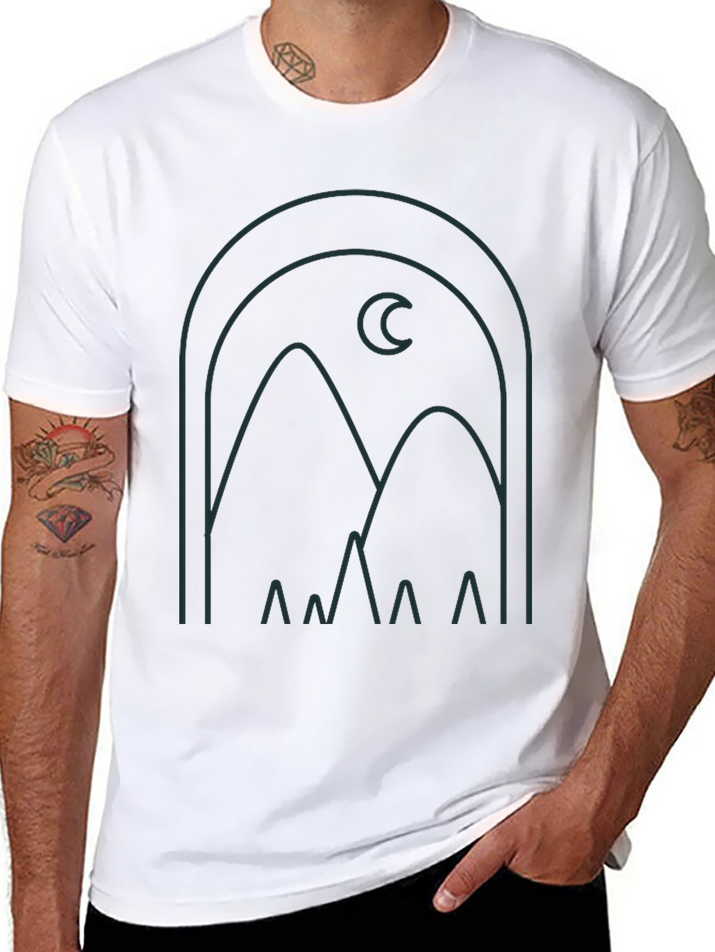 Modern Graphic Tee: Mountain and Moon Design