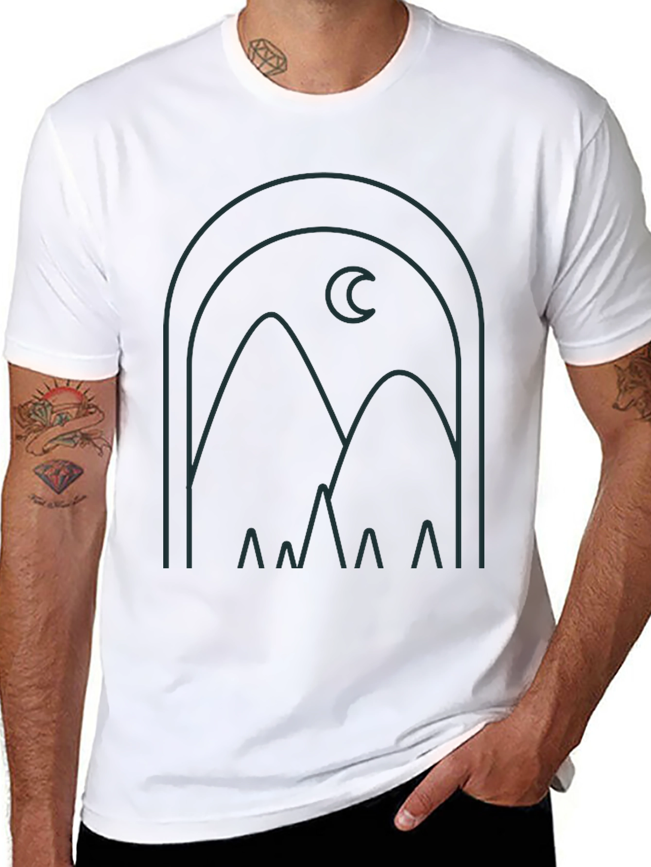 Modern Graphic Tee: Mountain and Moon Design