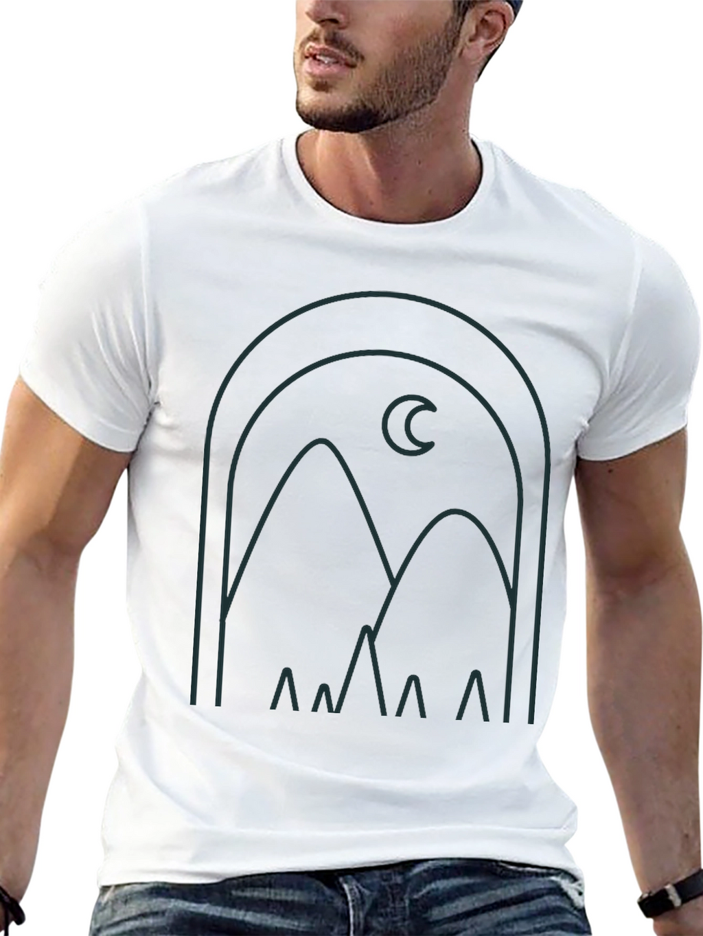 Modern Graphic Tee: Mountain and Moon Design