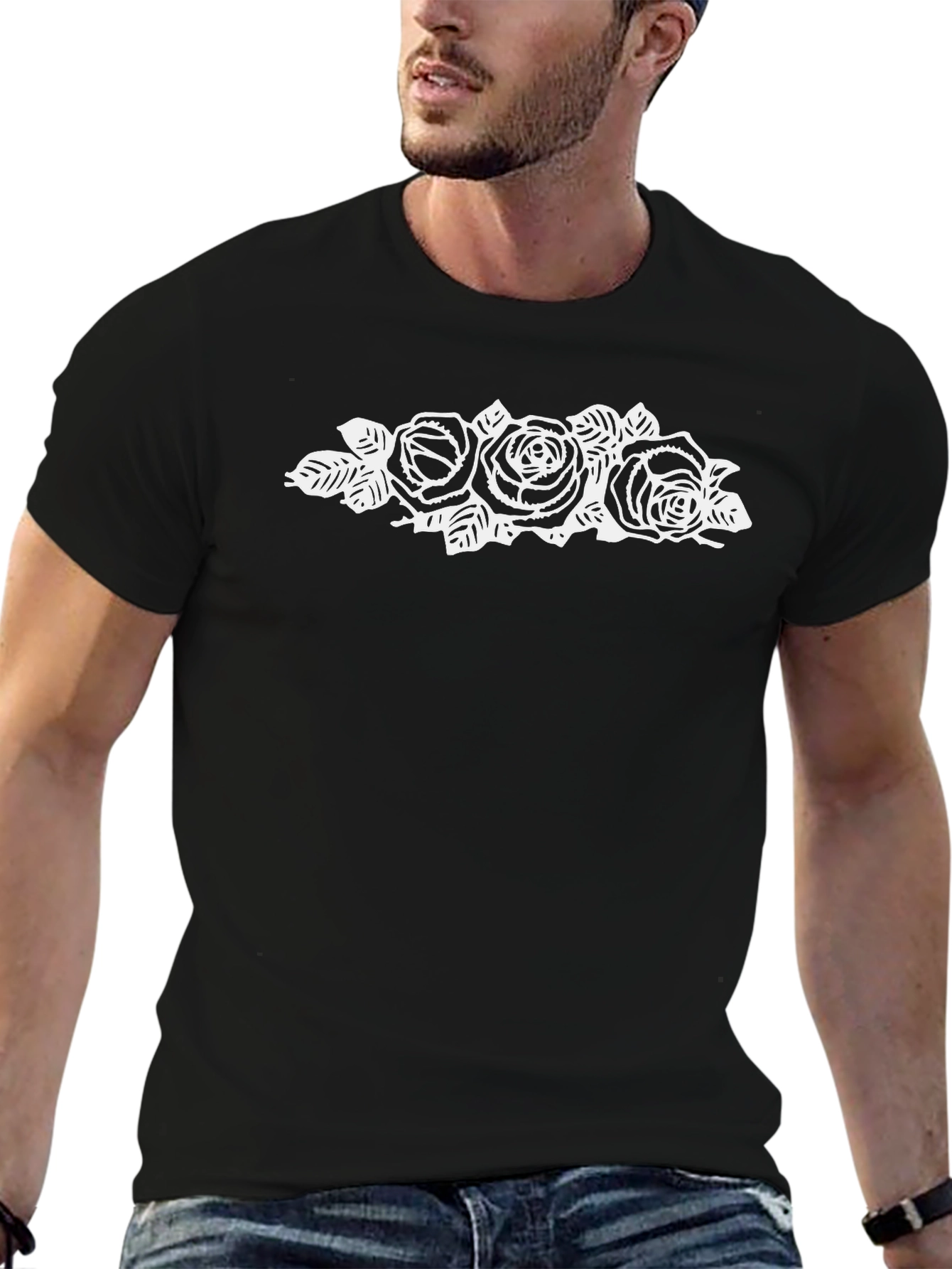 Black Graphic Tee with Rose Design