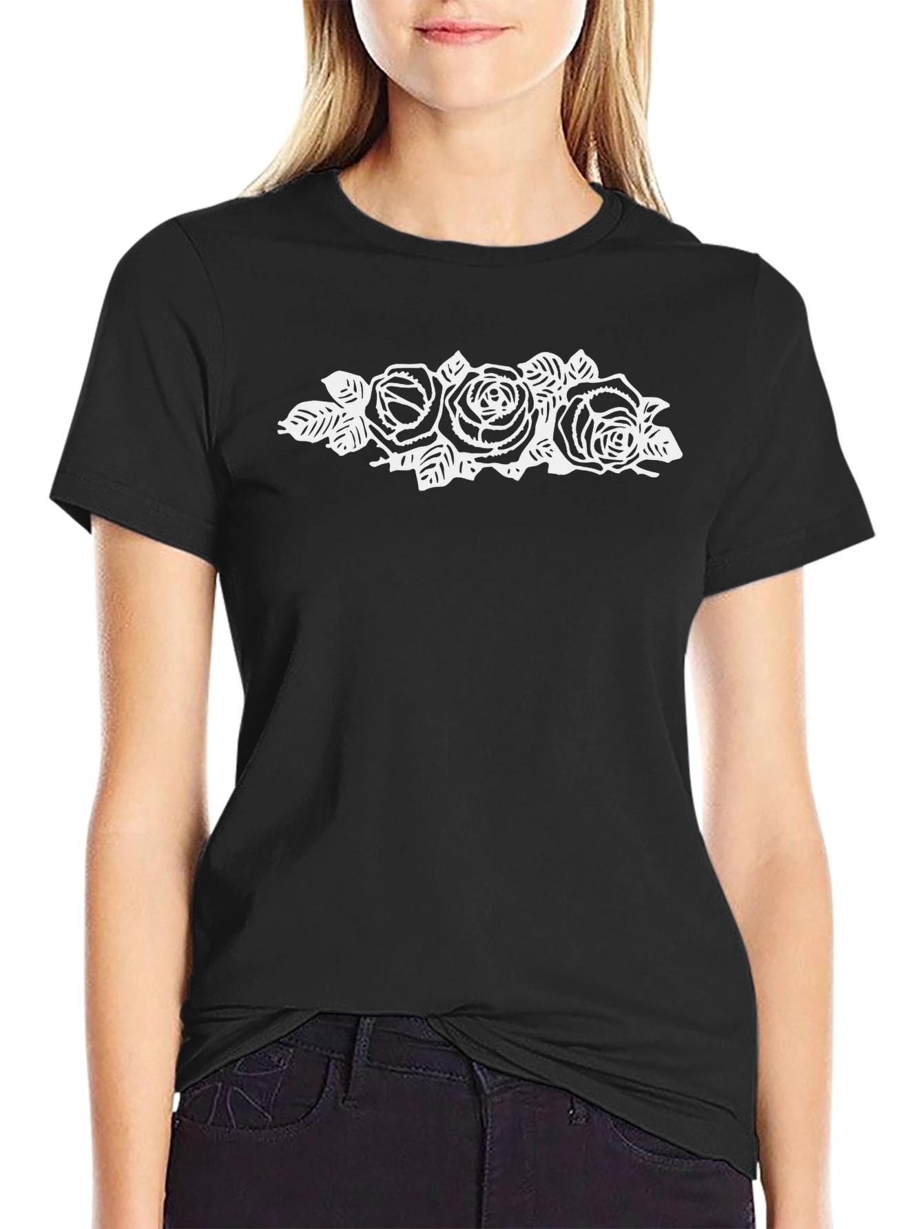 Black Graphic Tee with Rose Design