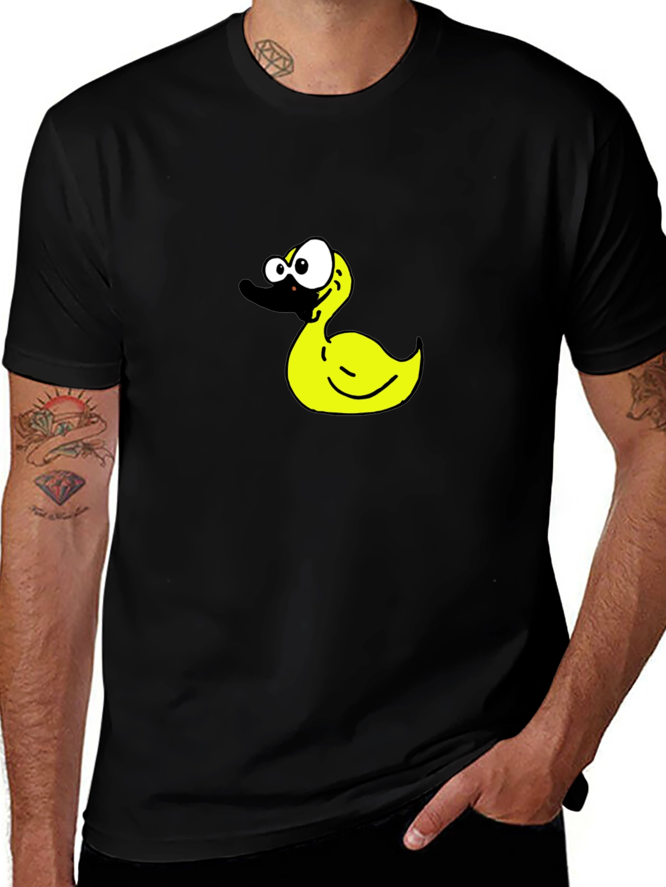 Black T-Shirt with Cartoon Duck Graphic