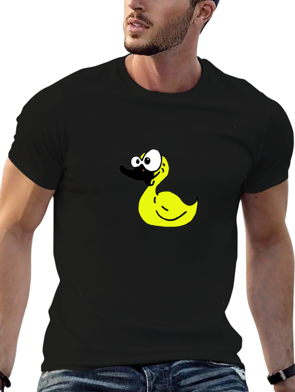 Black T-Shirt with Cartoon Duck Graphic