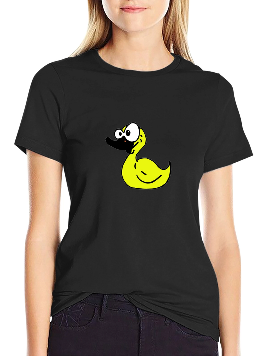 Black T-Shirt with Cartoon Duck Graphic