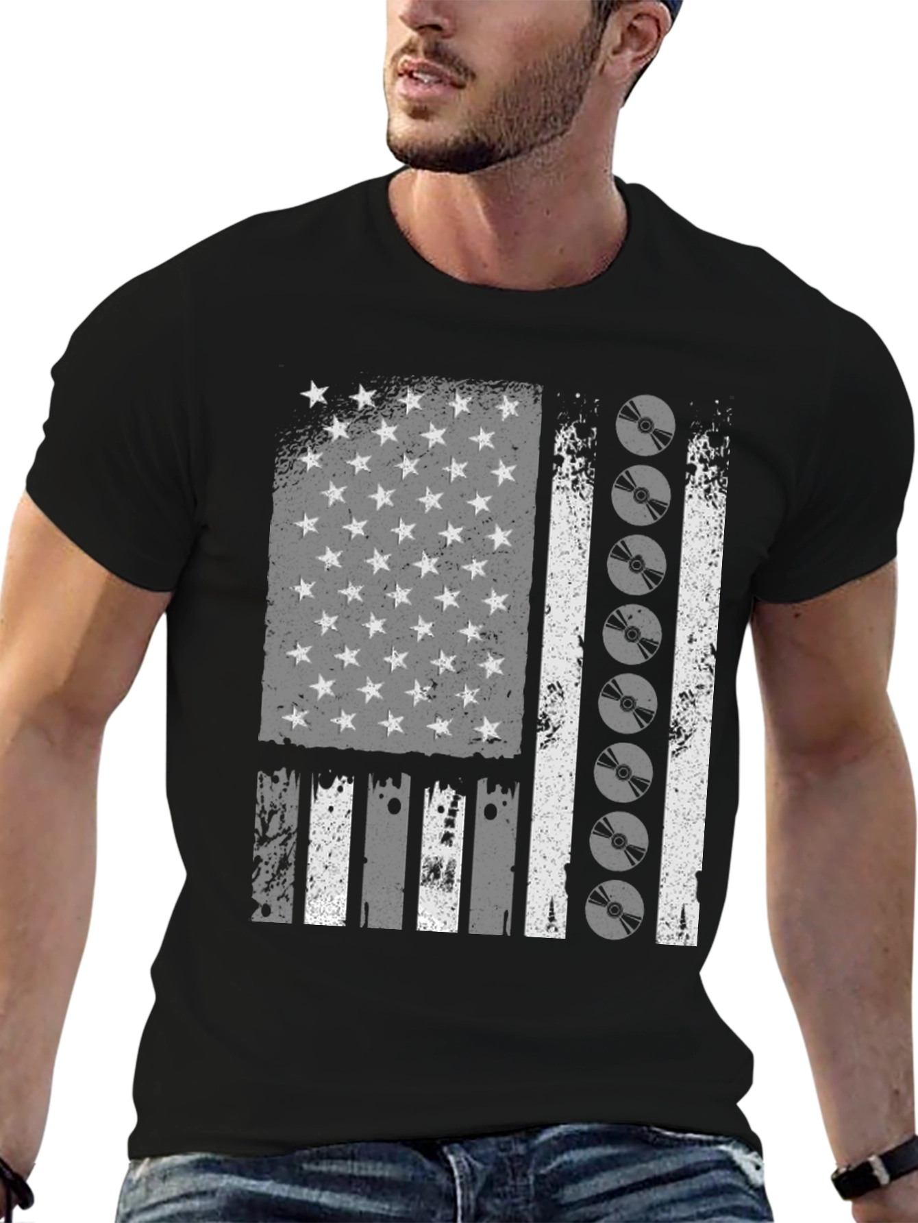 Distressed American Flag CD Disc Graphic T-Shirt