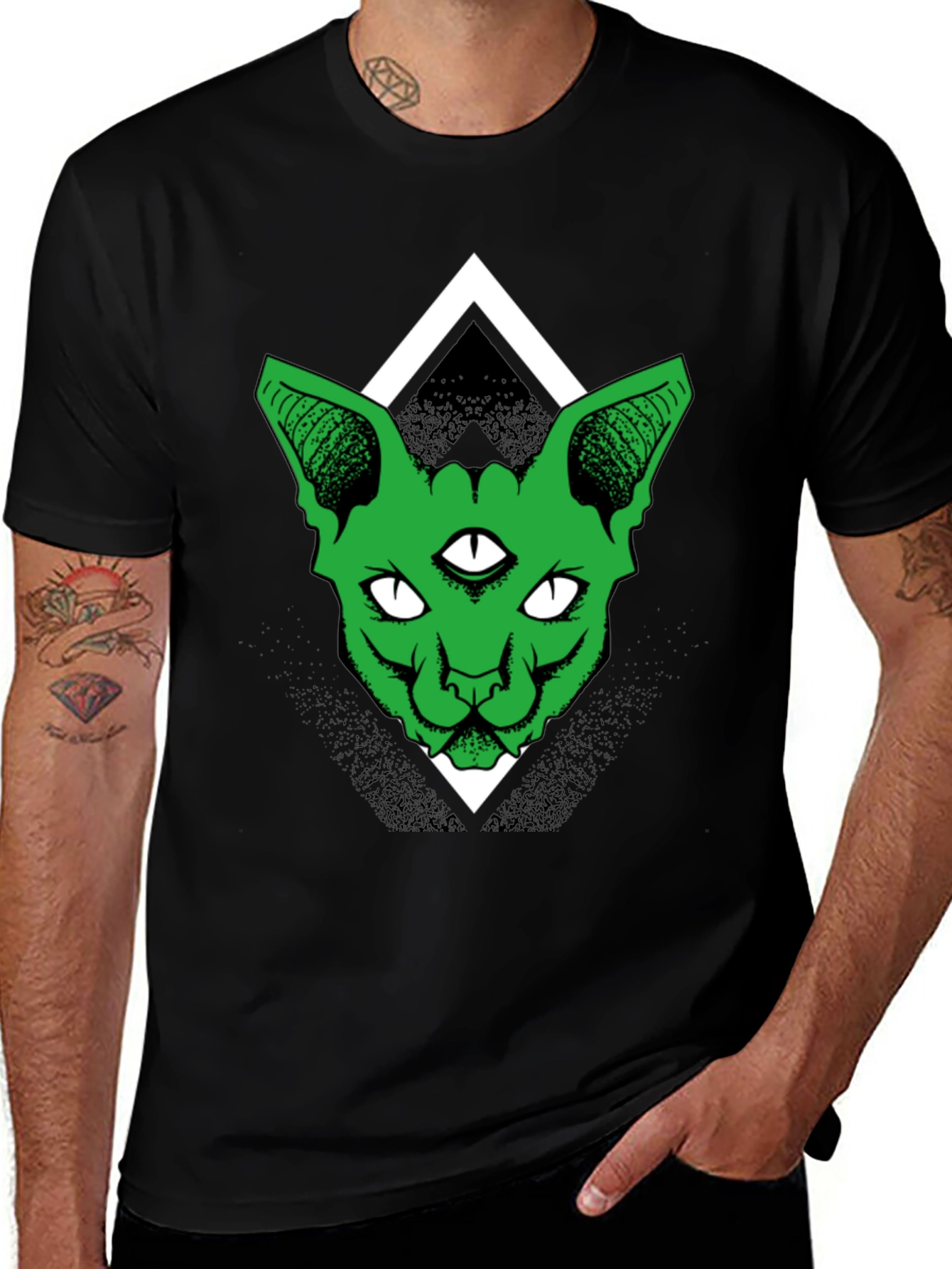 Third Eye Cat Graphic Tee - Black Cotton Shirt