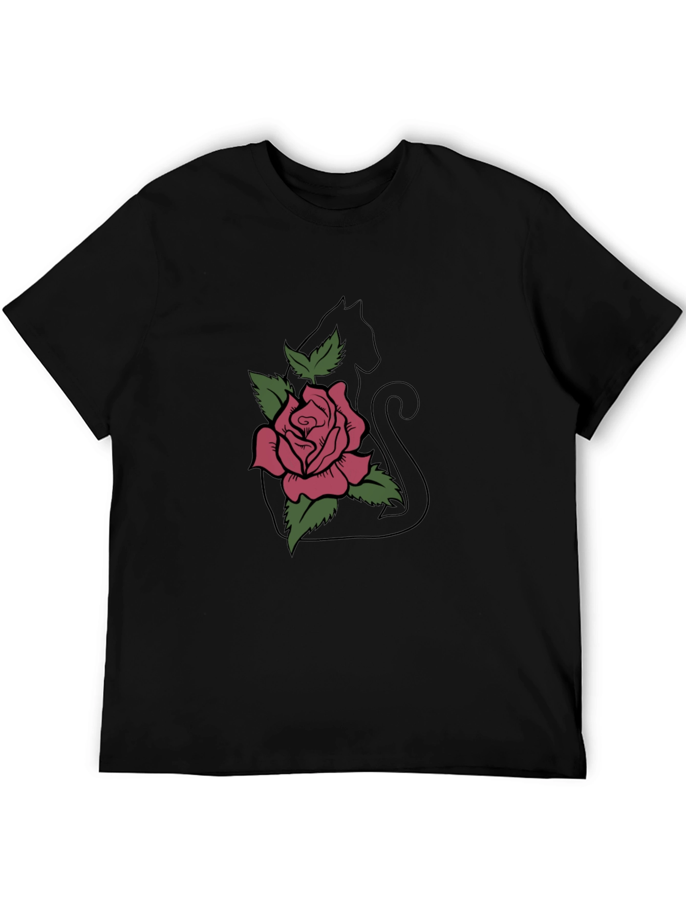 Cat & Rose Graphic Tee - Stylish Black T-Shirt