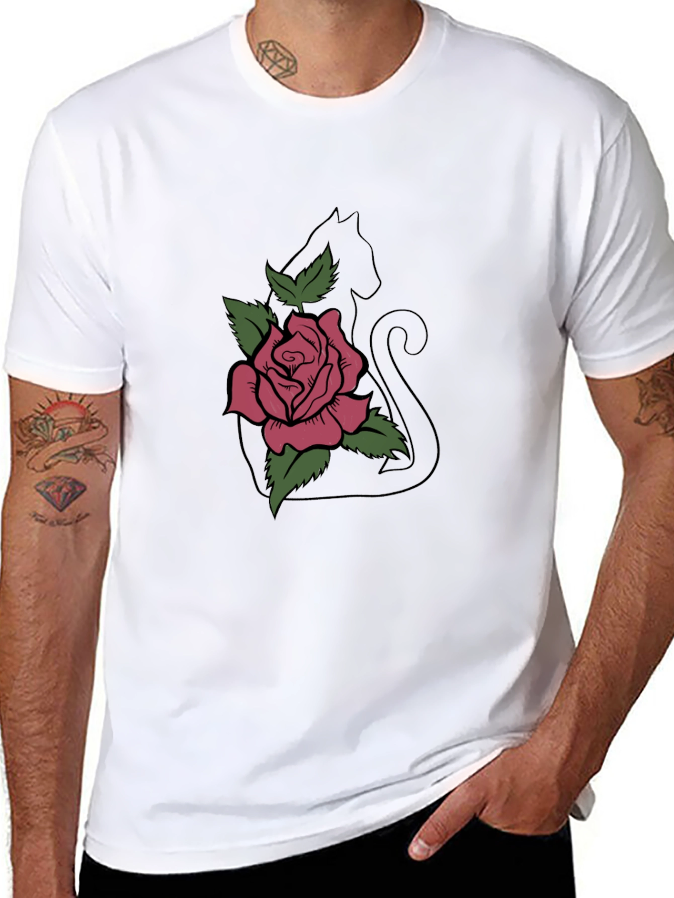 Cat & Rose Graphic Tee - Stylish Black T-Shirt