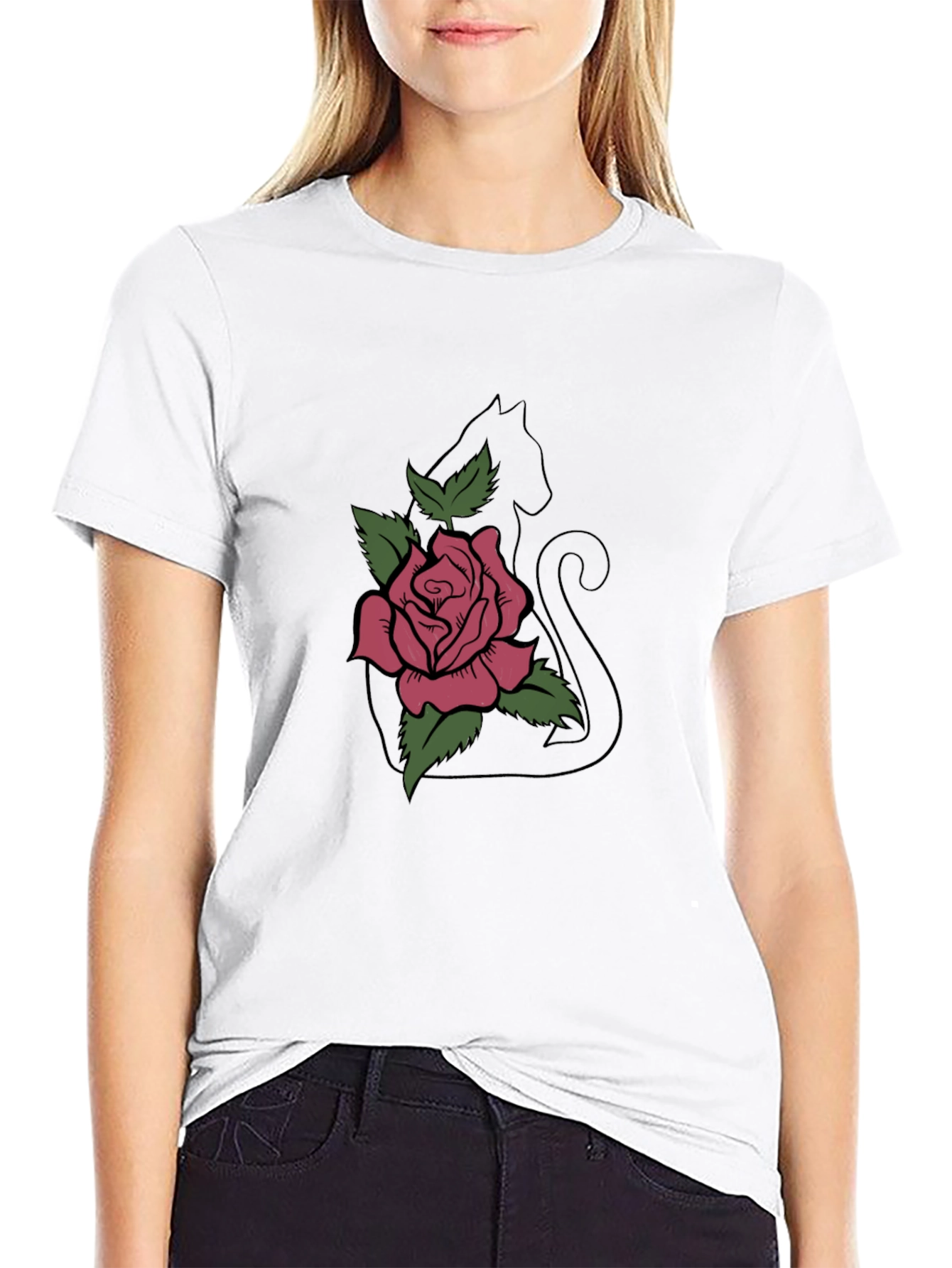 Cat & Rose Graphic Tee - Stylish Black T-Shirt