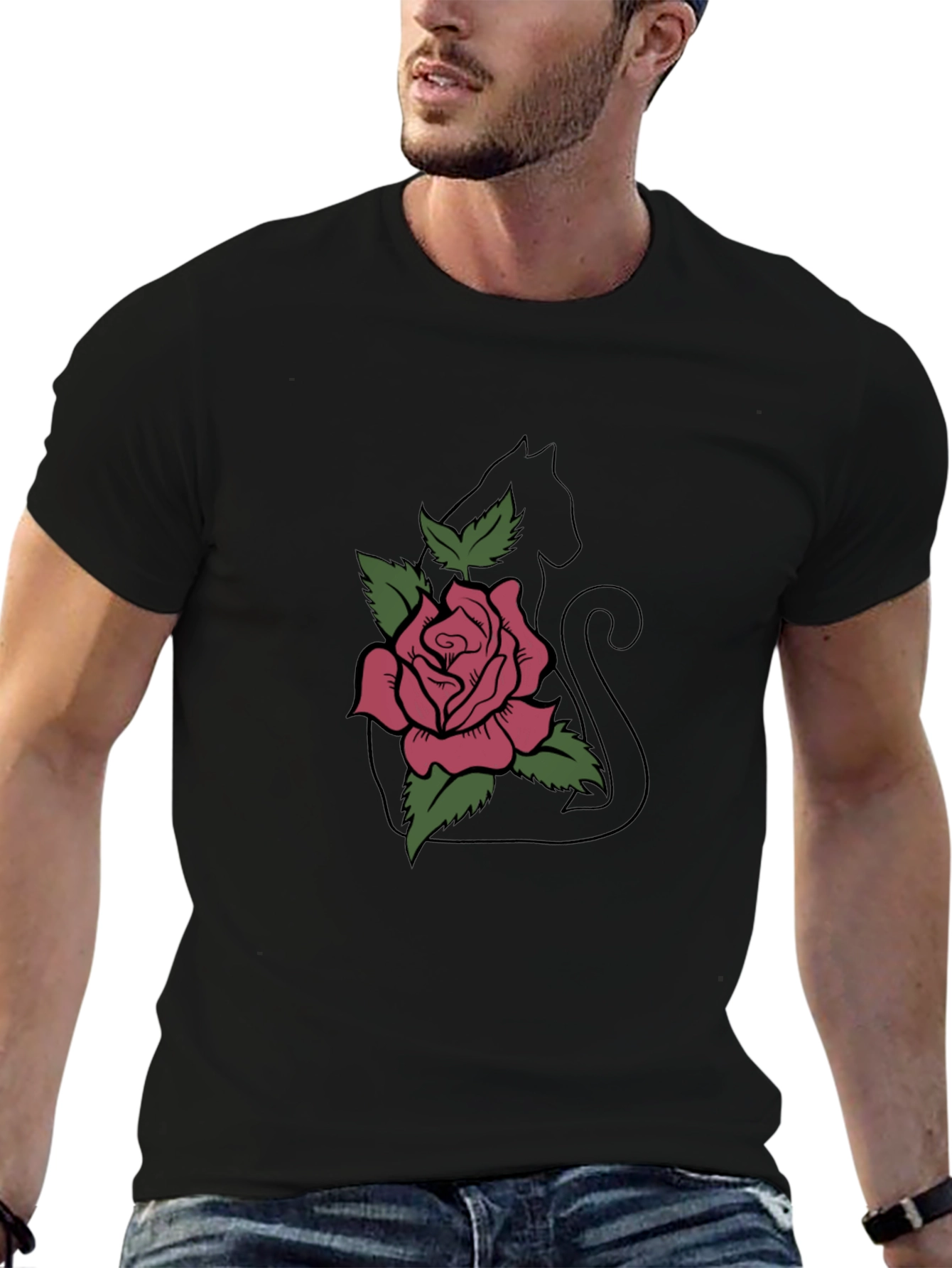Cat & Rose Graphic Tee - Stylish Black T-Shirt