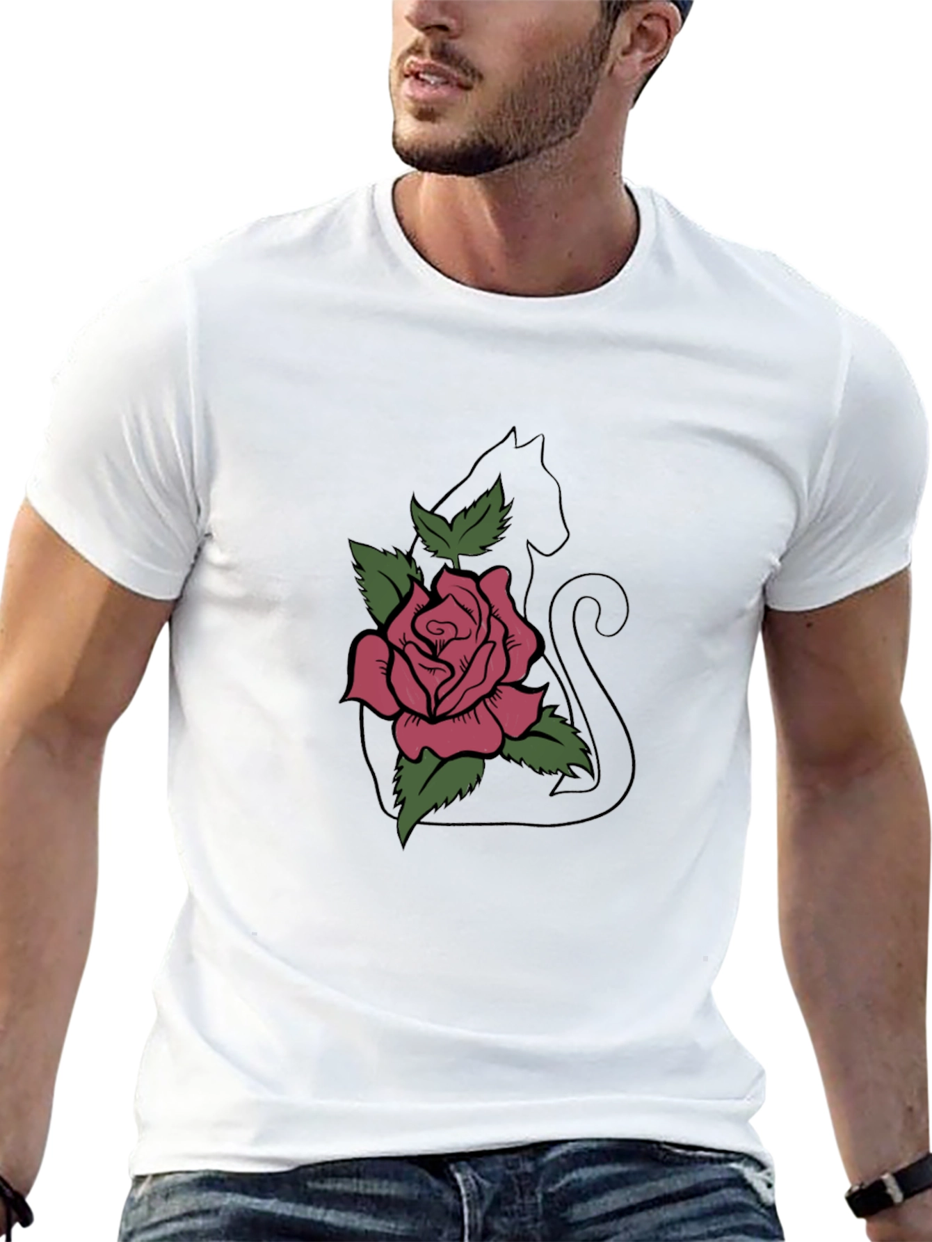 Cat & Rose Graphic Tee - Stylish Black T-Shirt