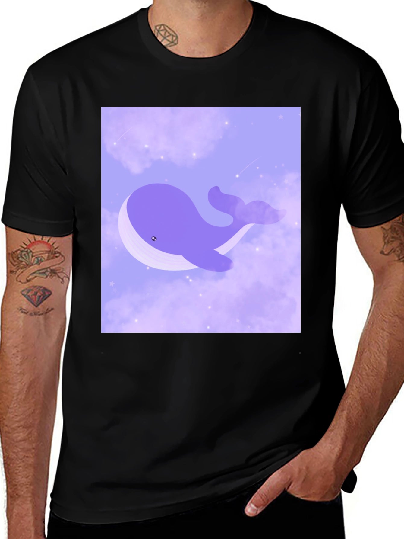 Whimsical Whale in Clouds Graphic Tee - Black