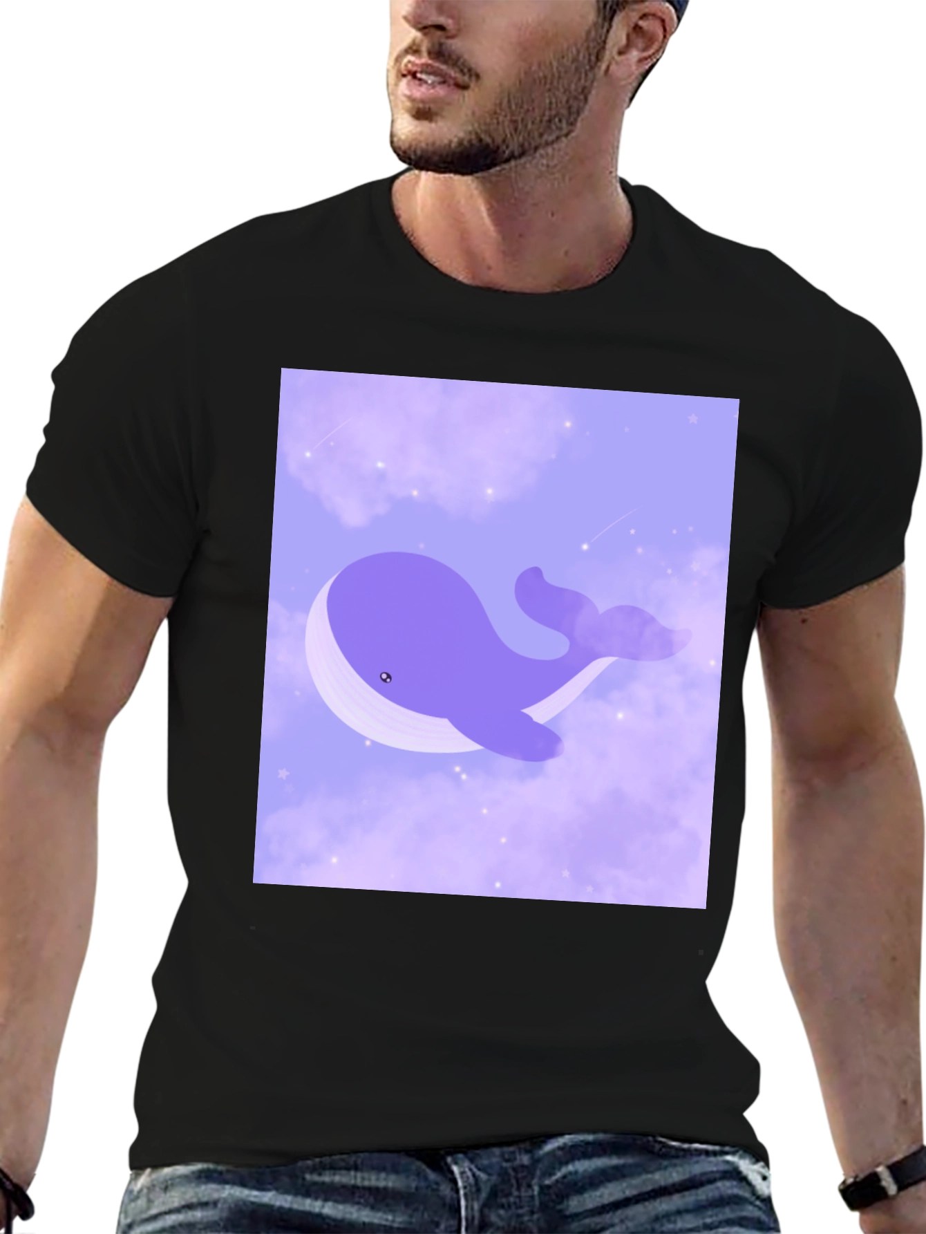 Whimsical Whale in Clouds Graphic Tee - Black