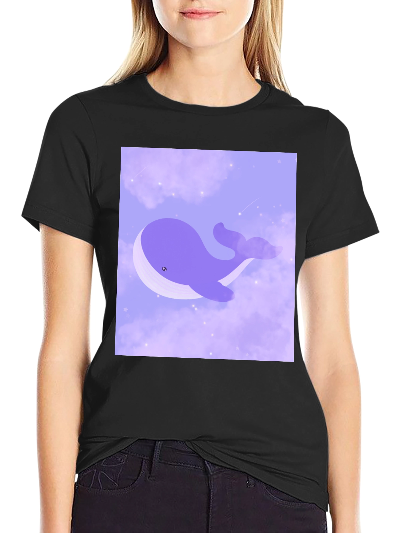 Whimsical Whale in Clouds Graphic Tee - Black