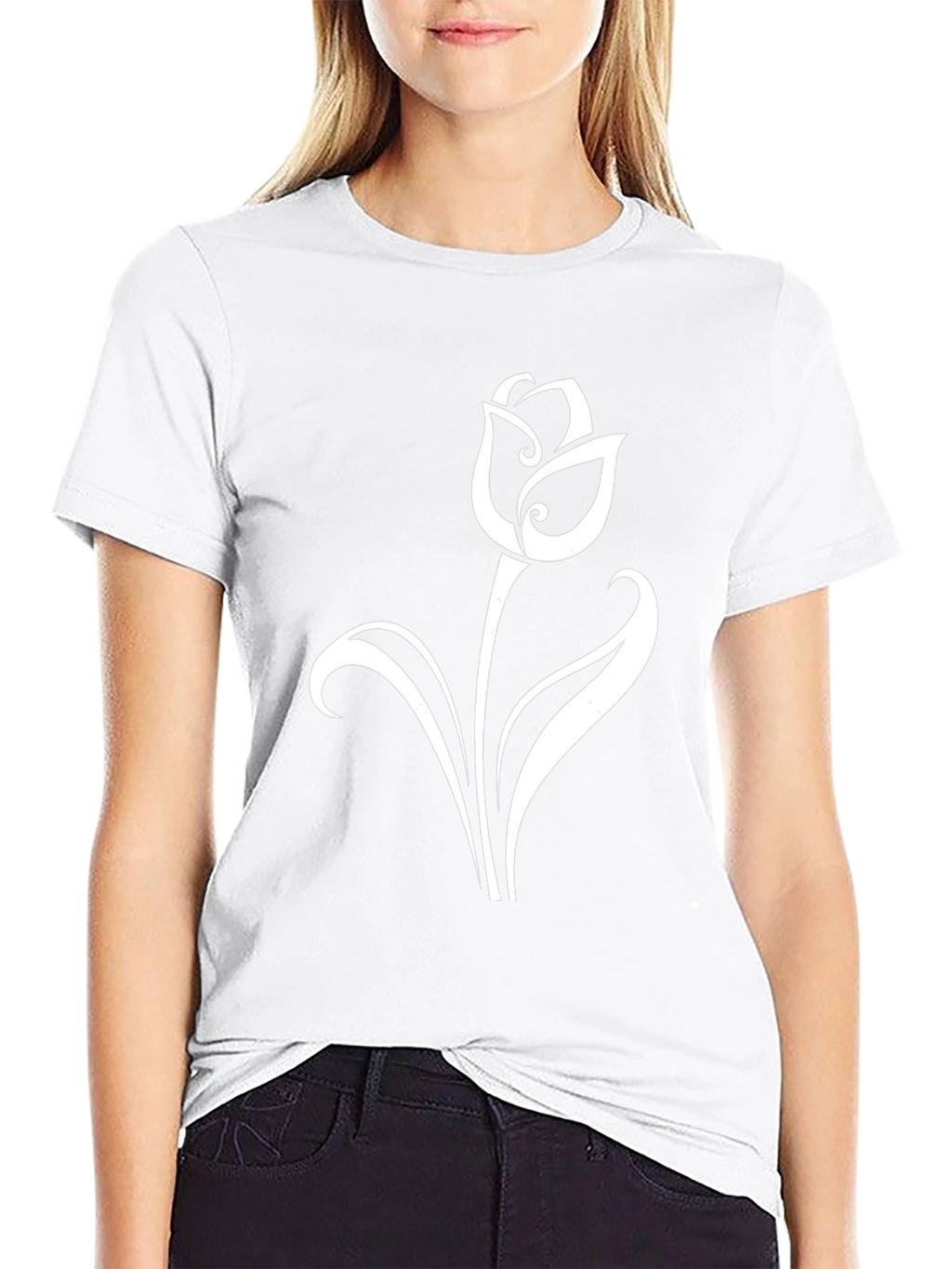 Black T-Shirt with Elegant White Tulip Design