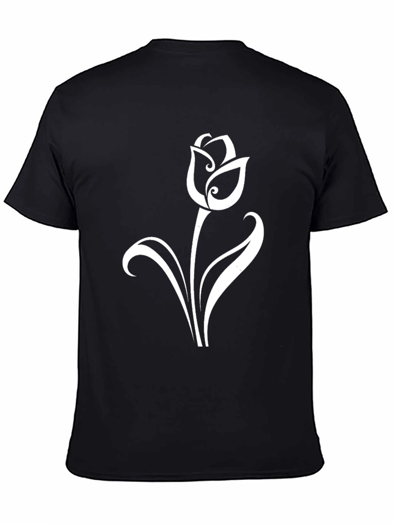 Black T-Shirt with Elegant White Tulip Design