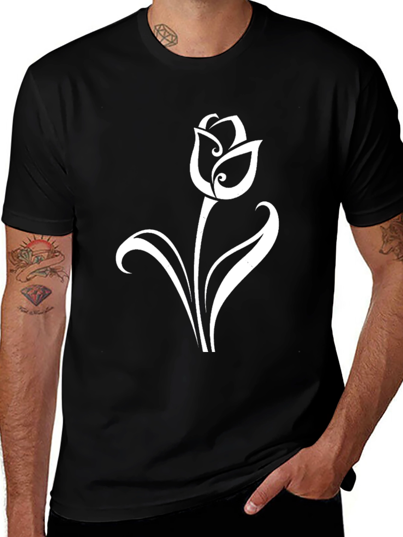 Black T-Shirt with Elegant White Tulip Design